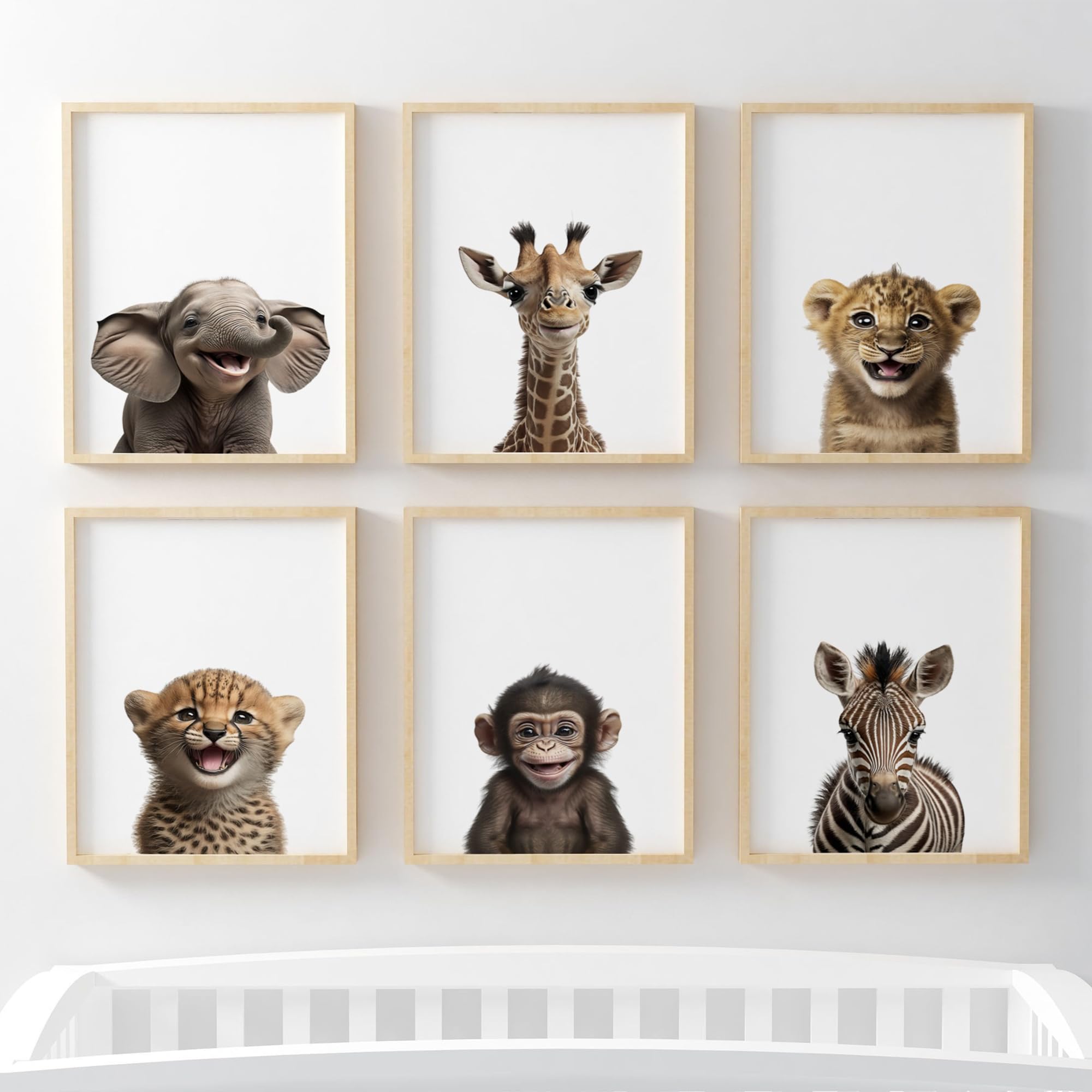 Jungle Safari Baby Animal Nursery Bedroom Wall Art Picture Prints, Set of 6 - Elephant, Lion, Monkey, Giraffe, Cheetah, Zebra. Pompom® [Picture Frames NOT Included] (3D, 5x7 Inch) — image 1