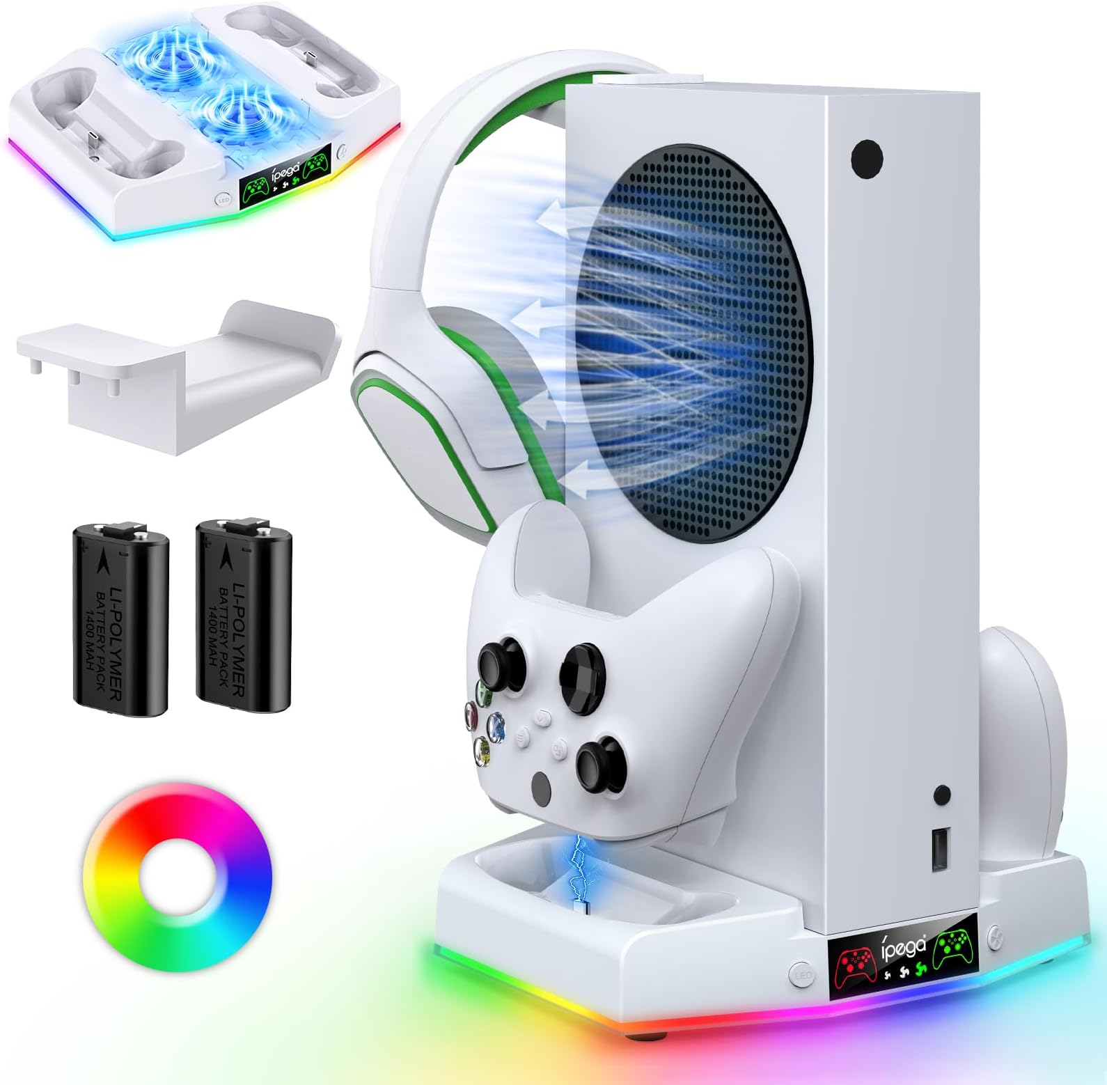 RGB Cooling Stand & Charging Station for Xbox Series S with RGB Light, MENEEA Cooler Fan & Fast Charger Accessories with 2 * 1400mAh Rechargeable Batteries, Headphone Hook [ NOT Xbox One S]
