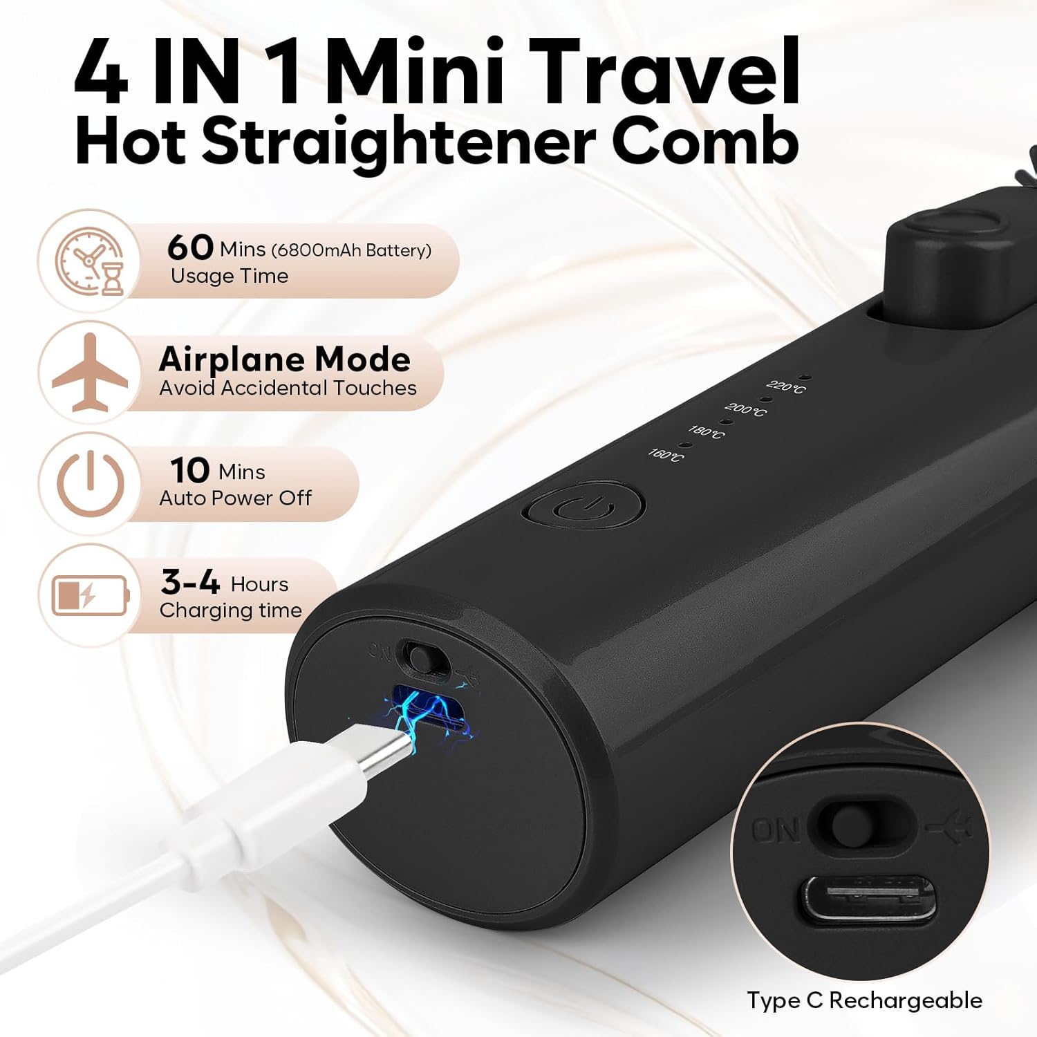 Cordless Curling Iron Brush, Mini Travel Hot Straightener Comb Curl Brush, Rechargeable 4 Temps Cordless Wand Blush with 200 Million Negative Ions for Curls Straightening Styling (Black)