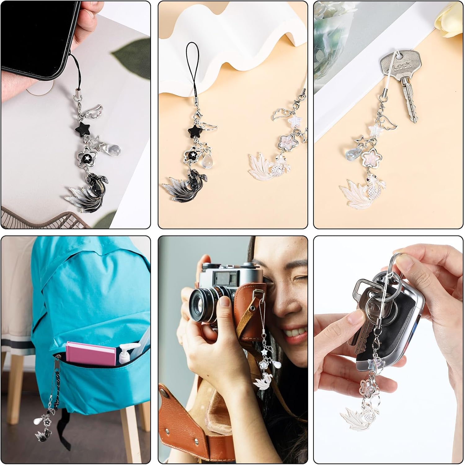 2Pcs Koi Fish Phone Charms, Aesthetic Fish Y2k Keychain, String Rope Charms for Phone Case Camera Bag, Water Drops Stars Wing Lanyard Strap Pendants Phones Decorations(Blue+Pink)