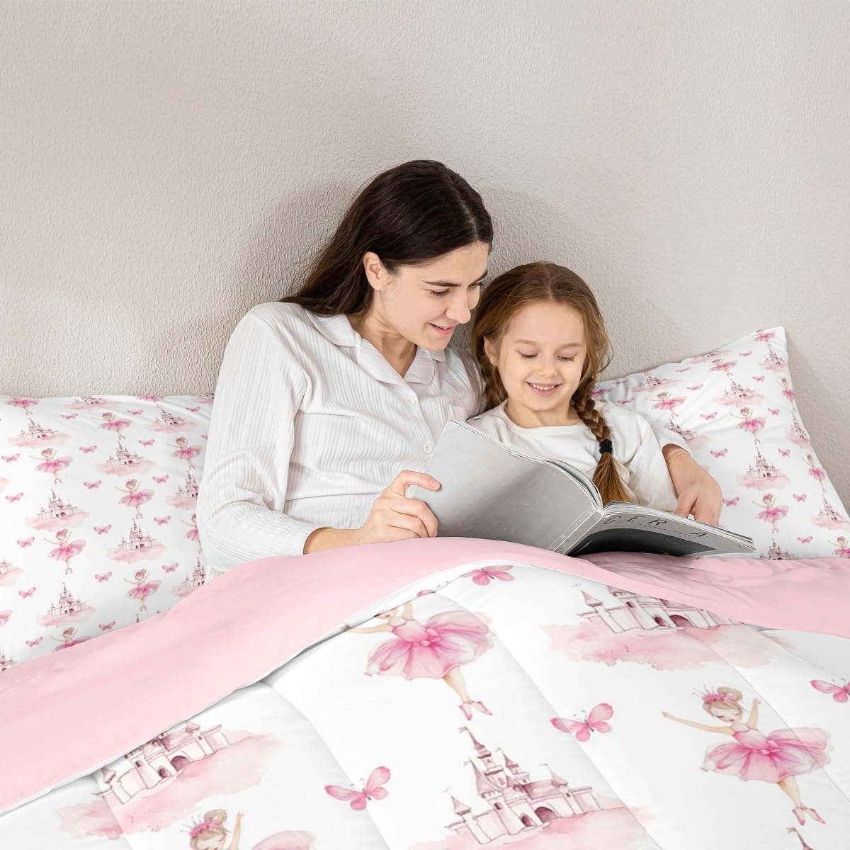 Feelyou Pink Ballerina Comforter Set for Girls Boys Kids Twin Size Ballet Duvet Quilt Room Decor Castle Dancing Ballerinas Princess Butterfly Bedding Set Breathable Soft Lightweight 2Pcs