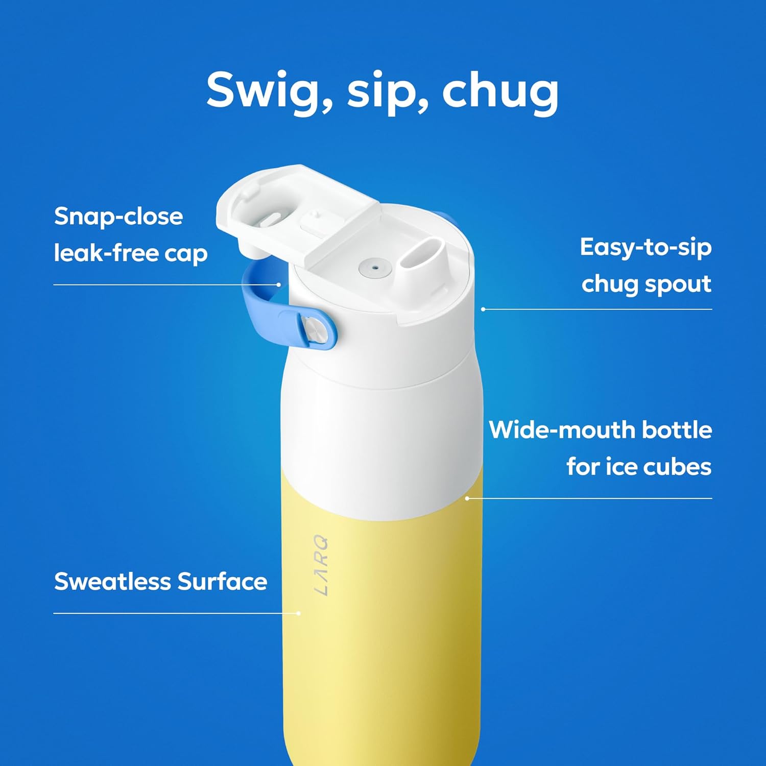 LARQ Bottle Swig Top 34oz - Insulated Stainless Steel H₂O Bottle With Built-In Silicone Handle | BPA Free | Reusable Water Bottle for Sports, Gym, and Travel | Limoncello Yellow