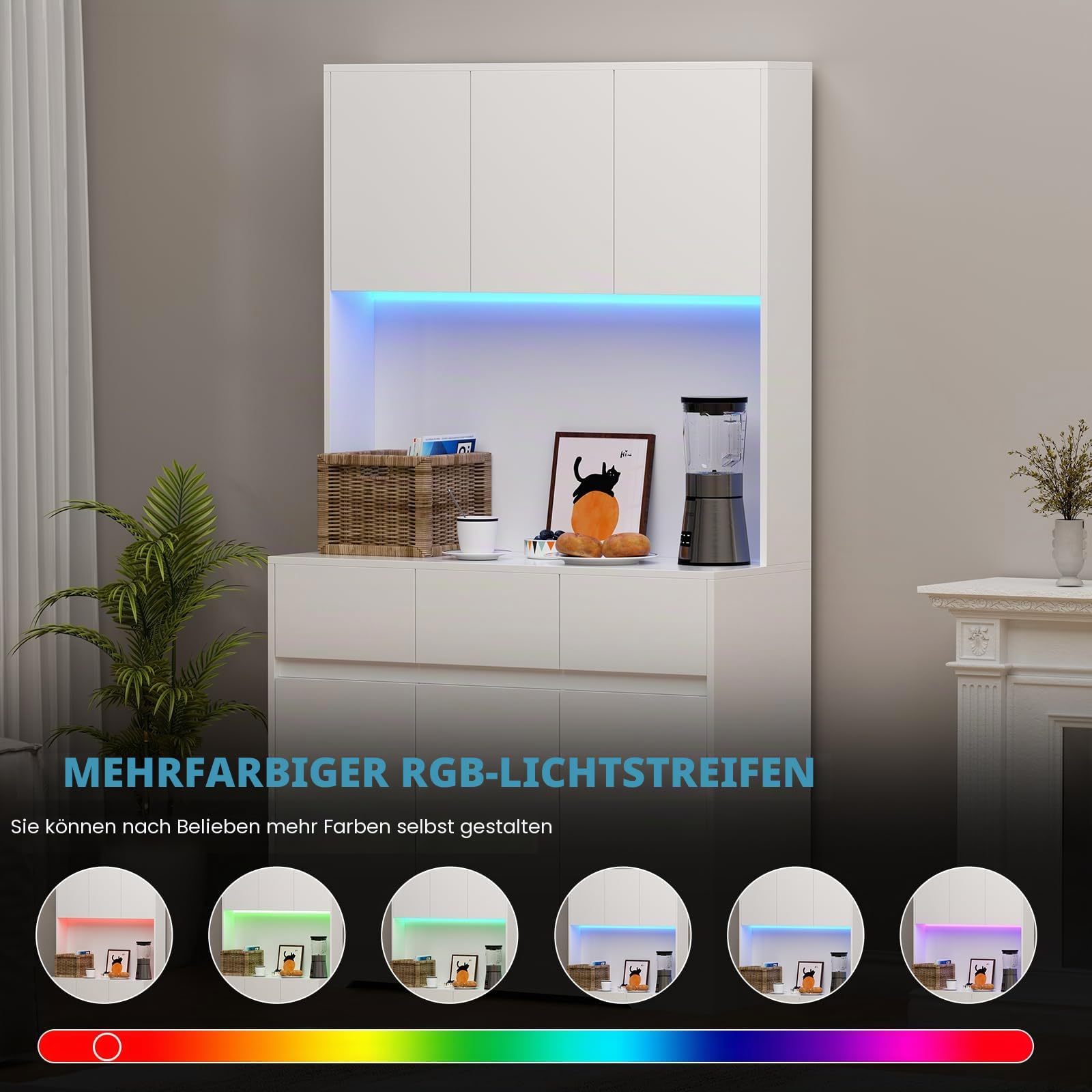 Küchenschrank mit Arbeitsplatte, Buffetschrank mit 4 Steckdose und DIY LED-Beleuchtung, 170cm Küchenschränke, Sideboard mit Schubladen, Vorratsschrank für Küche, Wohnzimmer, Schlafzimmer