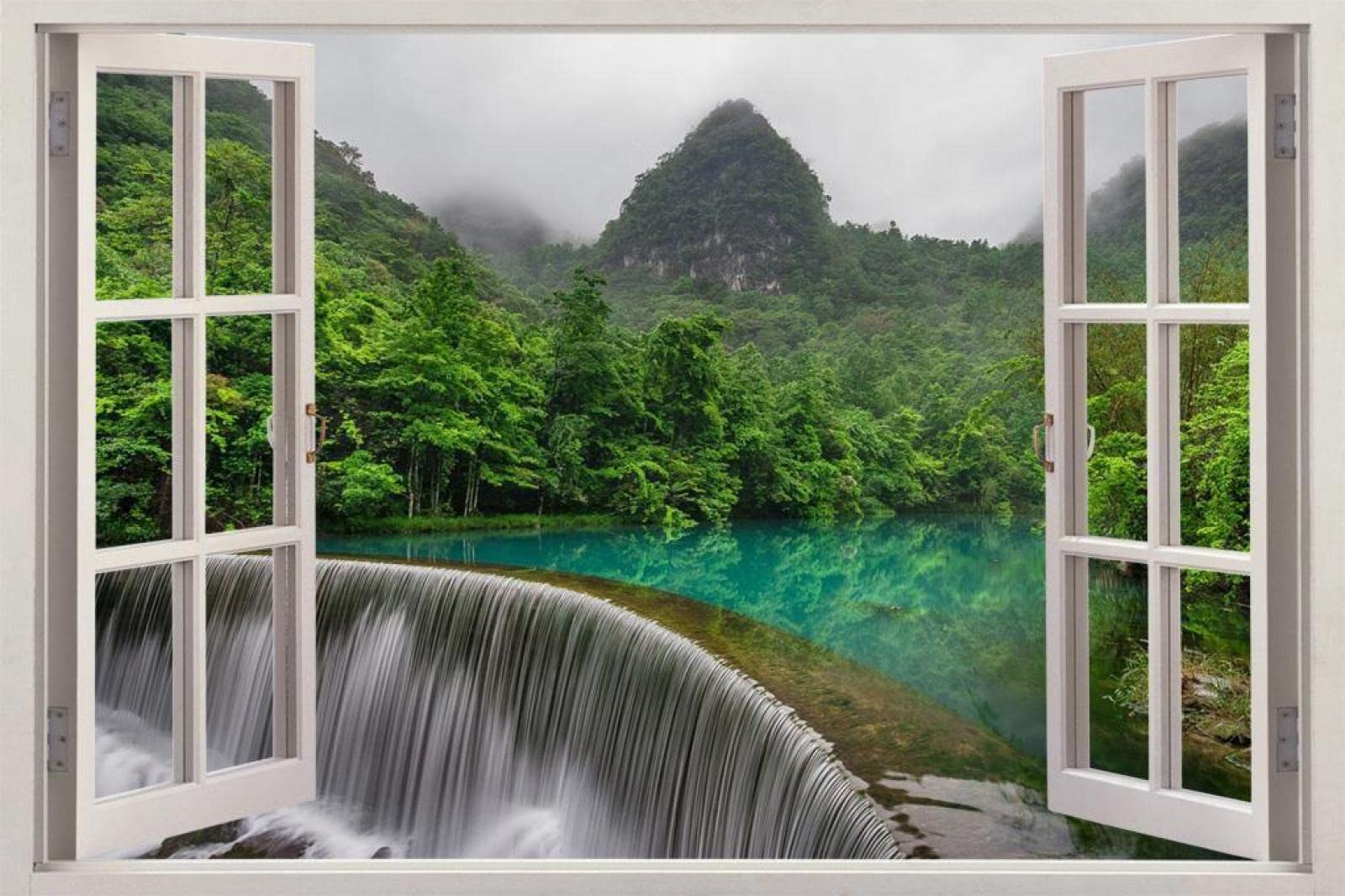 Wandsticker Wasserfall-Dschungel-Wald-3D-Fenster-Ansicht-Abziehbild-Grafik-Wand-Aufkleber-Kunst-Wandbild 70x110cm