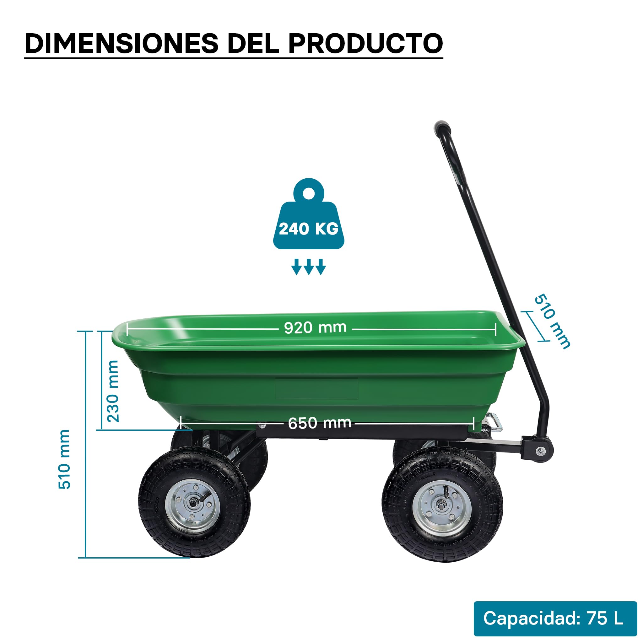 Carrito jardín basculante, Capacidad 75l, Carga 240kg, Carretilla de Transporte Carro de Mano Verde
