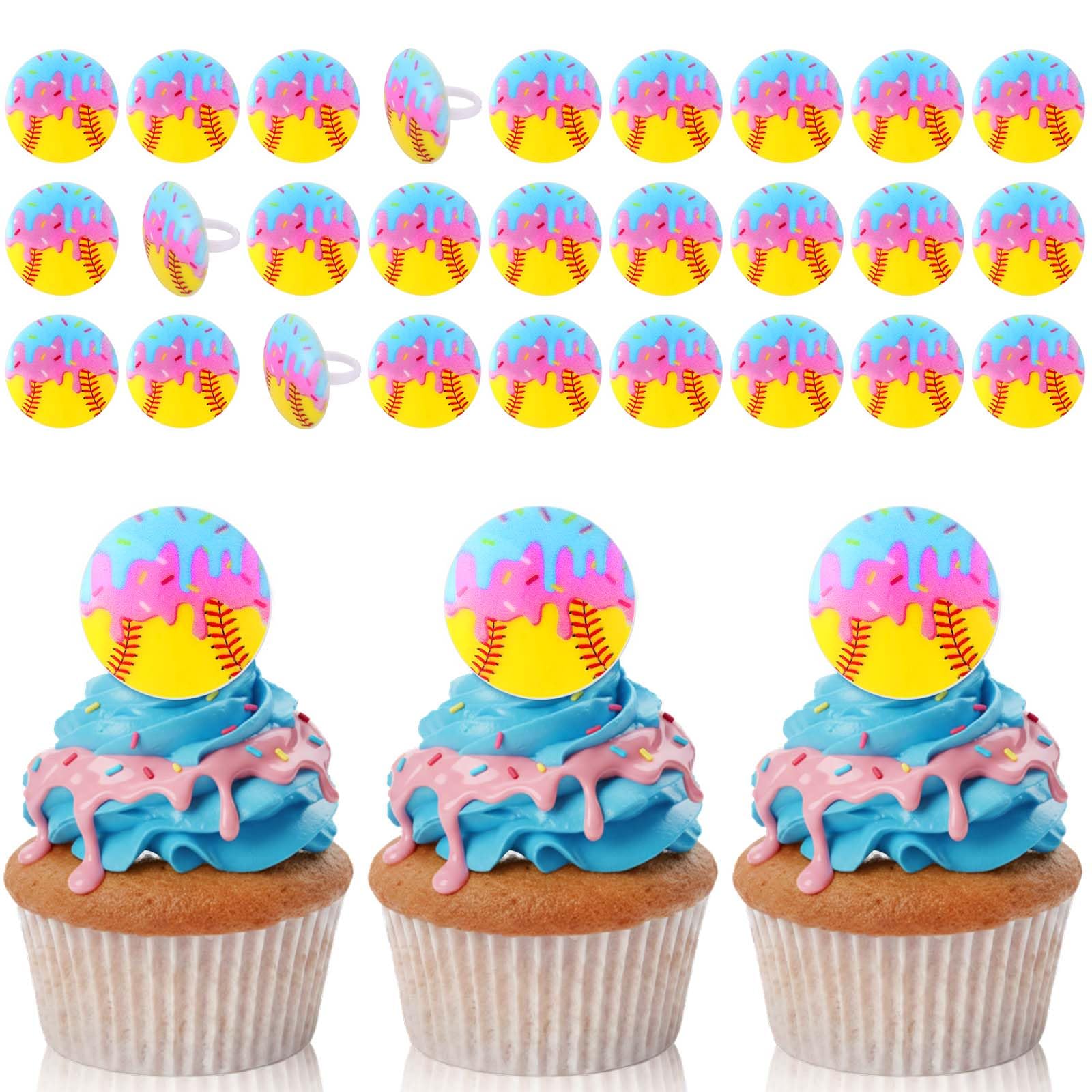 Kenning 48 Pcs Softball Cupcake Toppers Resin Cake Rings Sports Party