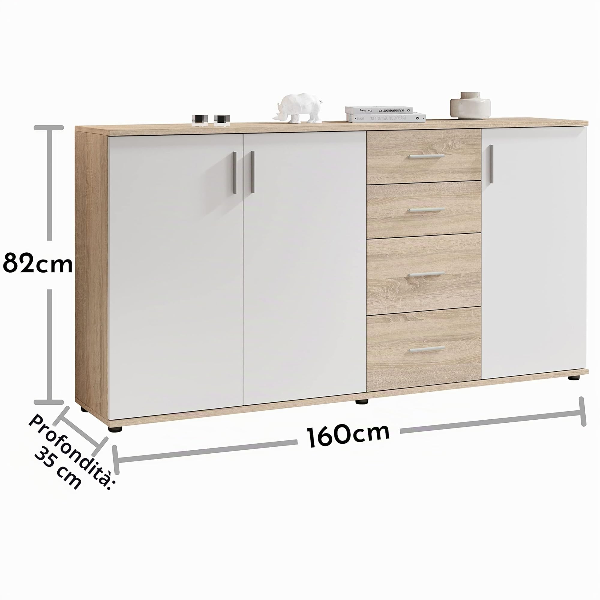 Stella Trading BOBBY, Cassettiera, effetto rovere Sonoma, bianco, credenza elegante con ampio spazio disponibile per la zona giorno; 160 x 82 x 35 cm, L x A x P