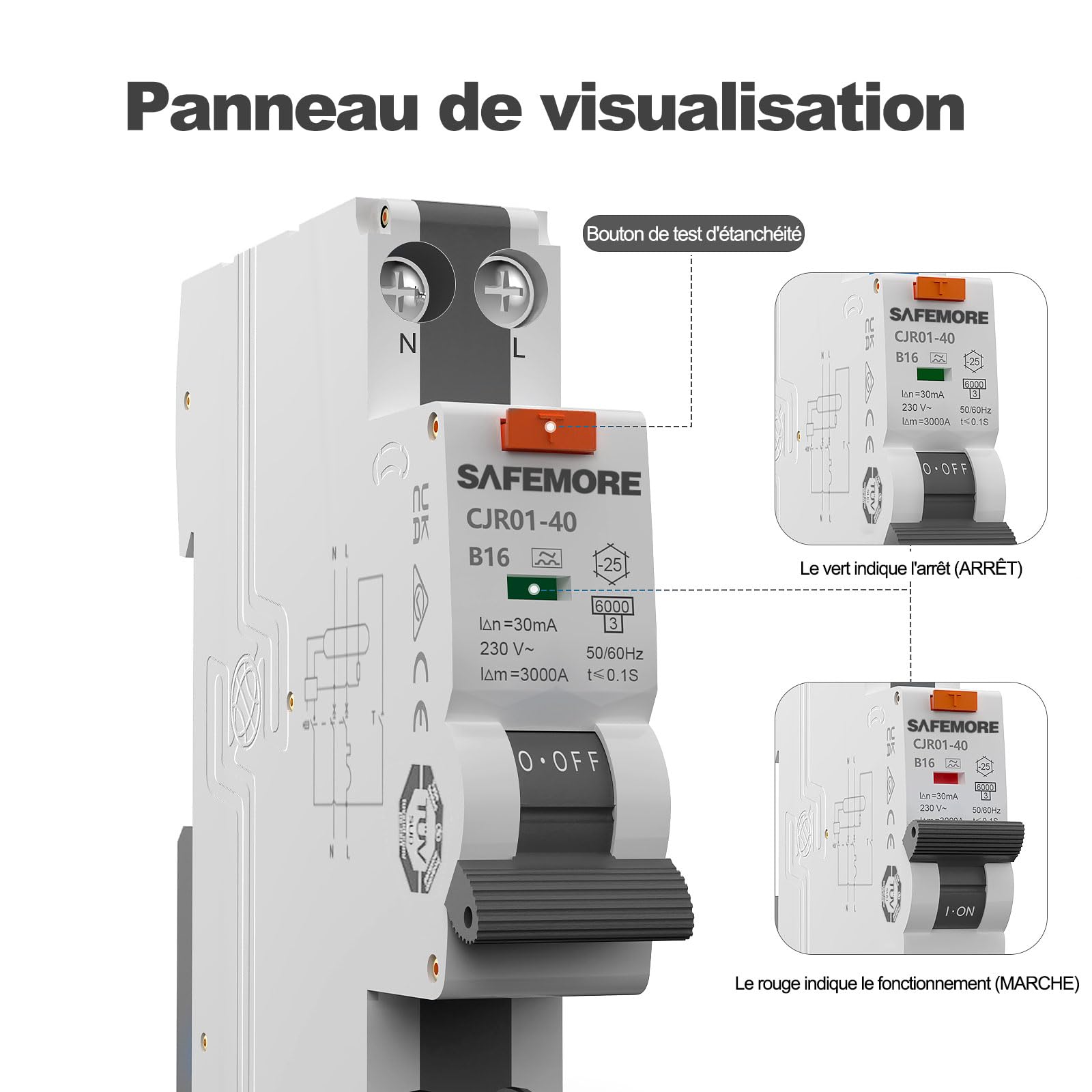 Disjoncteur Différentiel RCBO 16A 30mA Type A 1P+N, SAFEMORE Interrupteur différentiel Courbe B - Haute Sensibilité - Rail DIN, Homologué TÜV