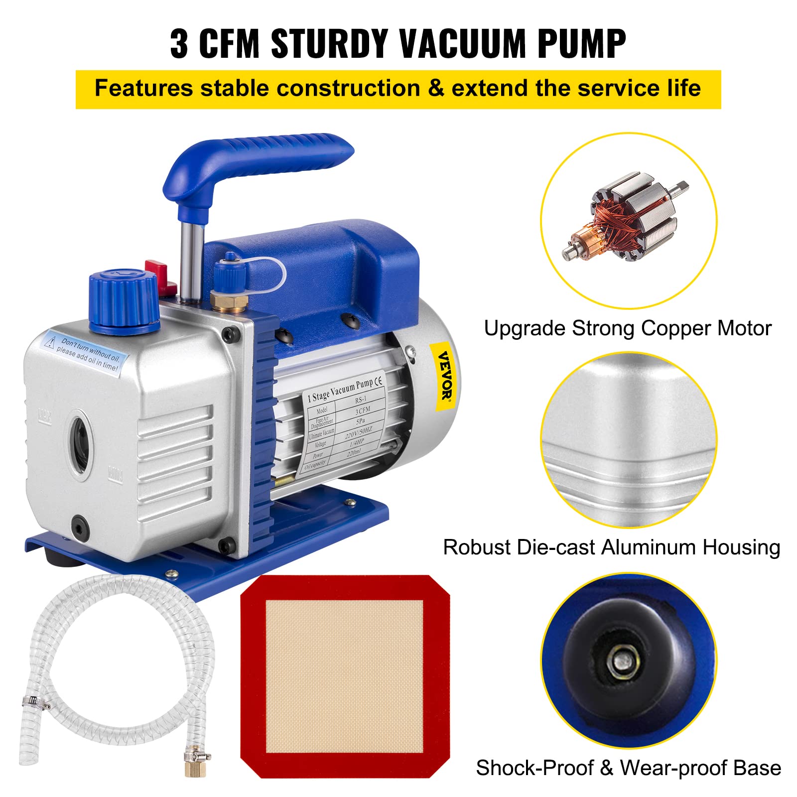 VEVOR 1.5 Gallon 3CFM 1/4HP Vacuum Chamber, Refrigerant Vacuum Pump