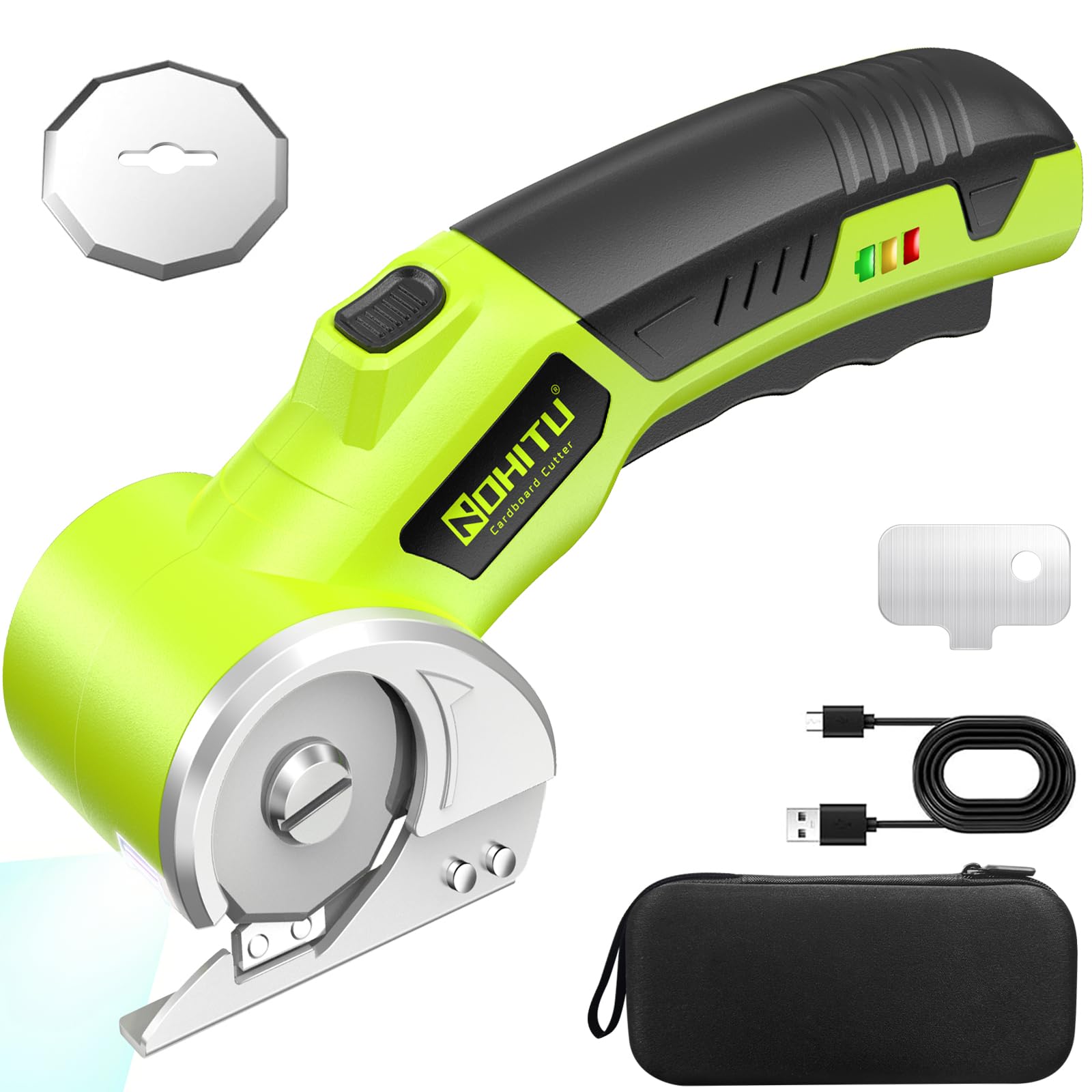 cordless electric scissors: 4v rechargeable rotary cardboard cutter, 3000mah battery, with led light & safety lock, 2 blades, electric box cutter for fabric carpet carton plastic leather cloth blades not included