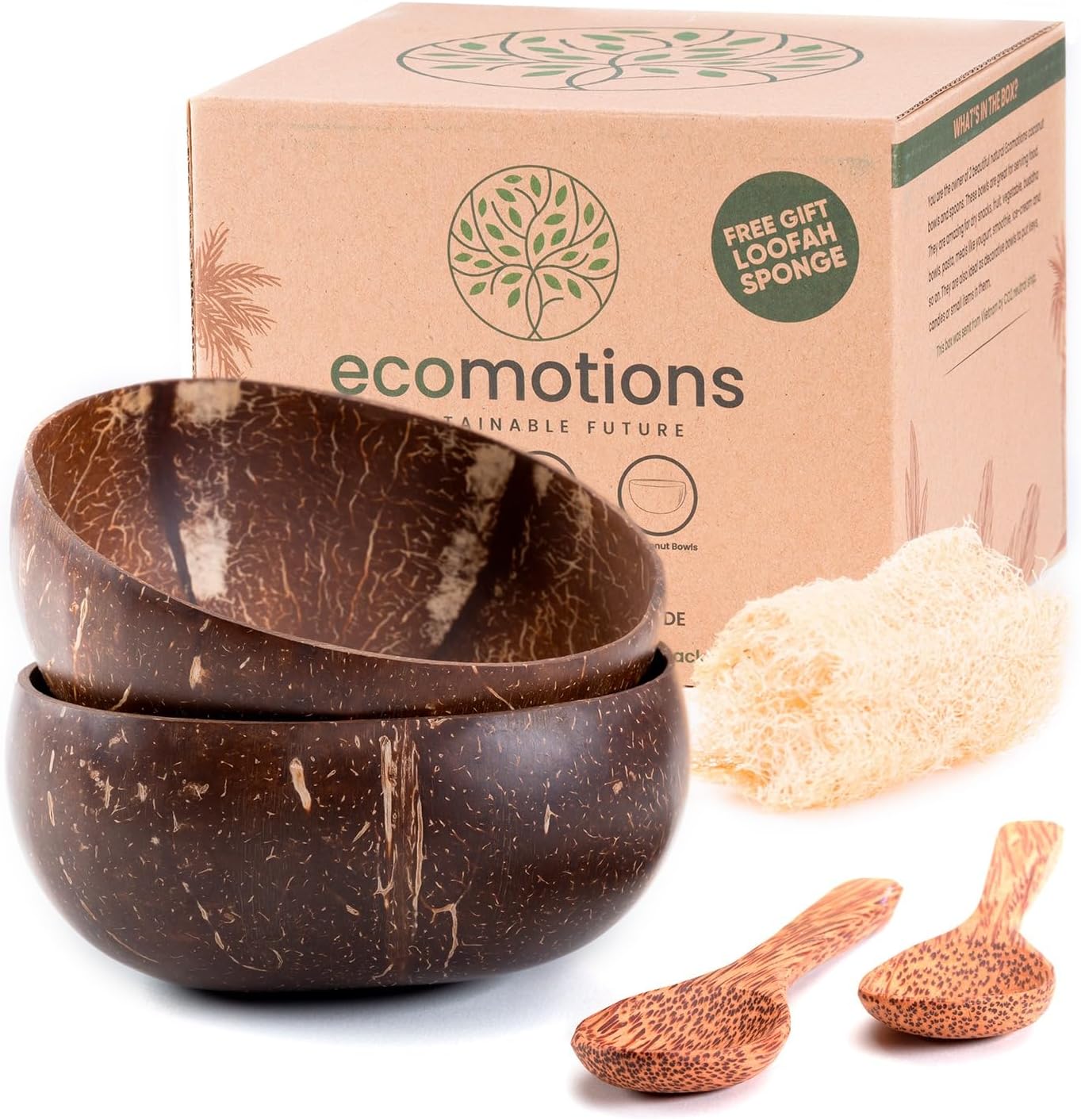 ecomotionsยฎ-Smoothie Bowl - Coconut Bowls and Spoons - Polished with Organic Coconut Oil - Free Sponge for Eco Friendly Cleaning - Eco Friendly Gift - Sustainable Gift - Porridge Bowls - Fruit Bowl