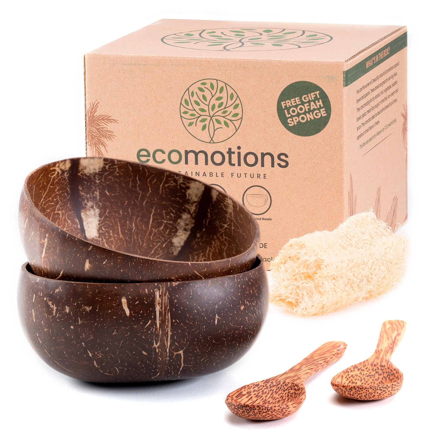 ecomotions®-Smoothie Bowl - Coconut Bowls and Spoons - Polished with Organic Coconut Oil - Free Sponge for Eco Friendly Cleaning - Eco Friendly Gift - Sustainable Gift - Porridge Bowls - Fruit Bowl