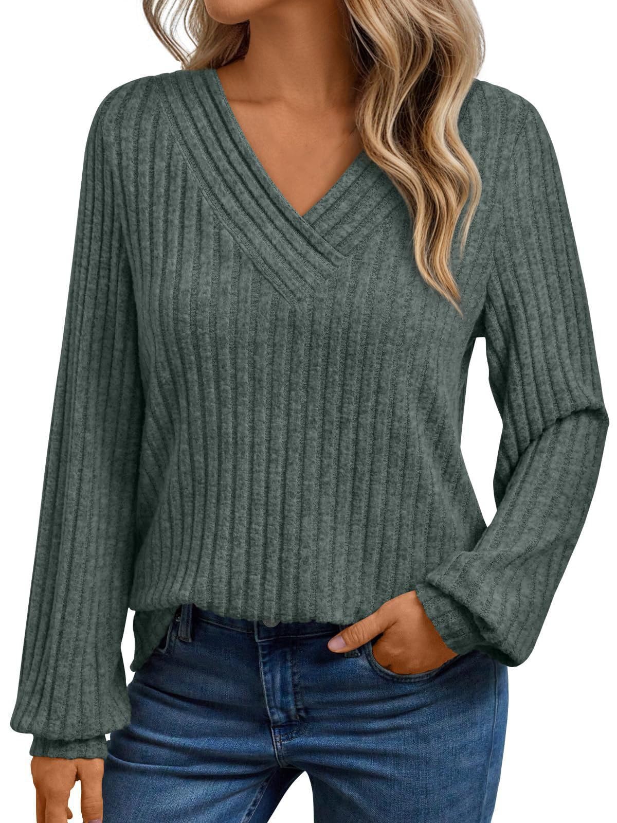 Womens Fashion V Neck Sweatshirts Long Sleeve Dressy Casual Shirts Fall Trendy Tunic Sweaters Work Blouse Tops