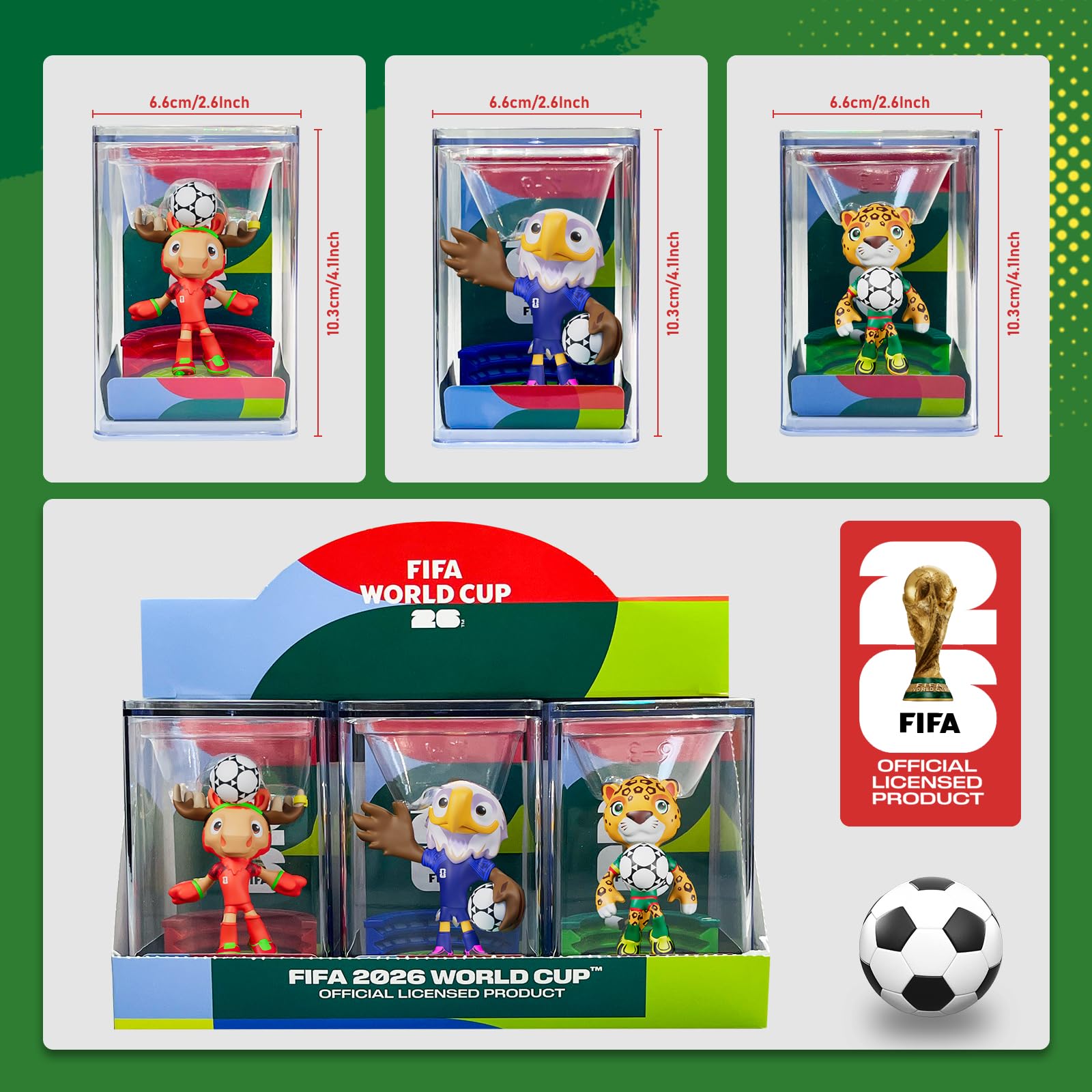 DICEKOO Ensemble mascotte de la Coupe du monde FIFA 2026 7,6 cm (érable, Zayu, pochette) | Style de football | Sous licence officielle | Figurines de collection, idée cadeau pour les fans et les