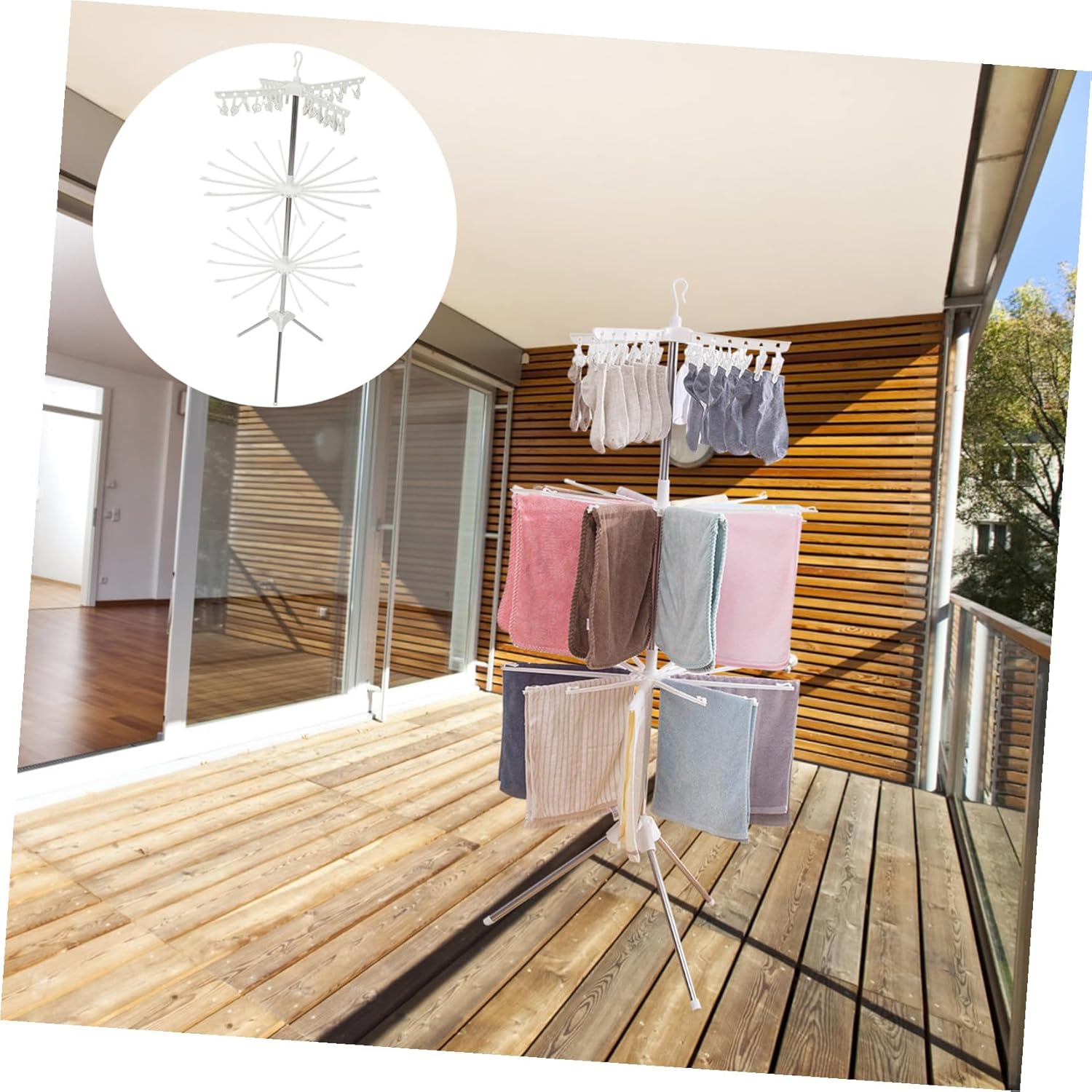 Rotatable Folding Clothes Drying Rack with Non-Slip Rods and Clips Air Drying Stand for Balcony Patio Laundry and Apartment Space-Saving Collapsible Design