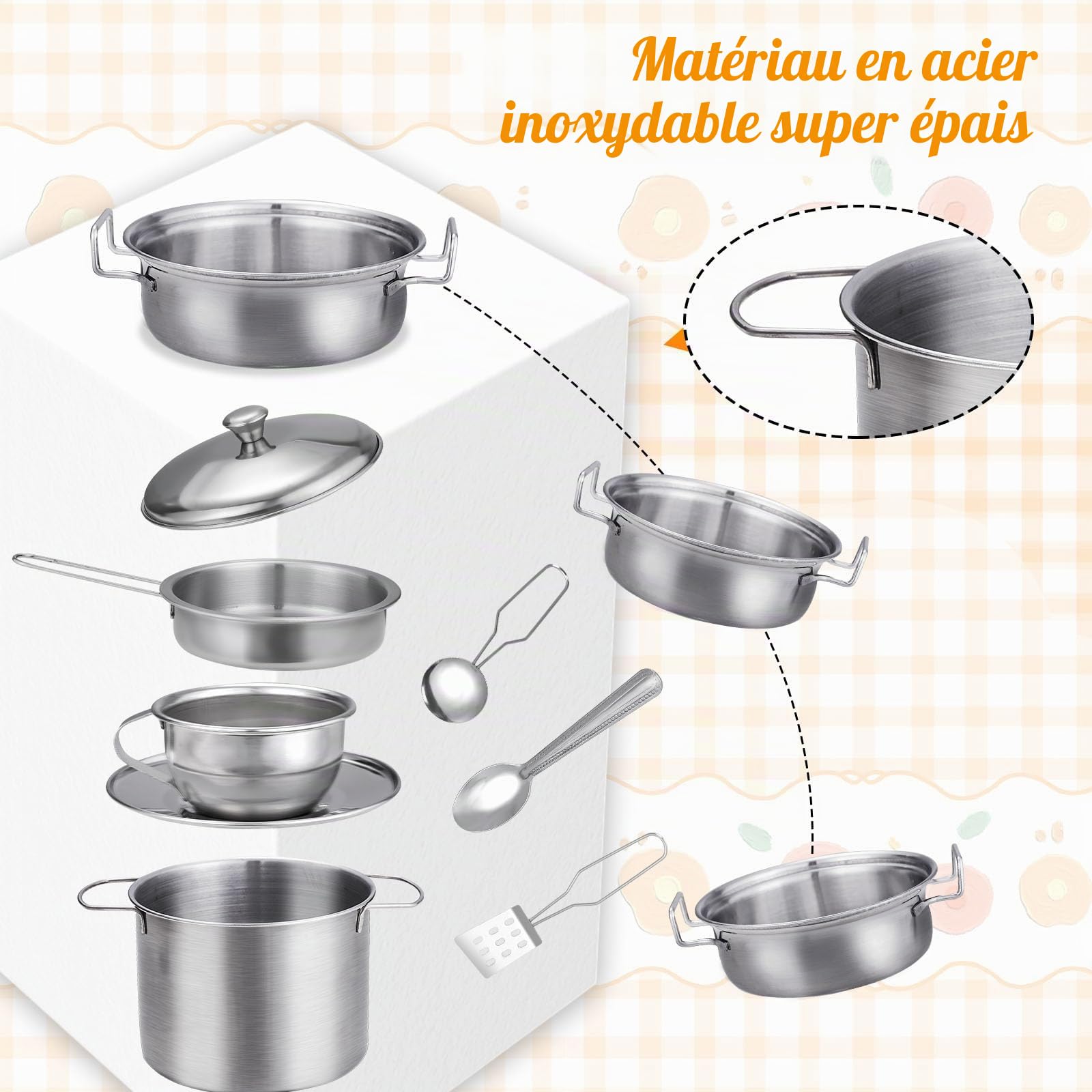 17 Pièces Accessoire Cuisine Enfant, Ensemble de Cuisine pour Enfant, Ustensile Jouet en Acier Inoxydable Bois pour Enfants, pour Garçons et Filles 3-6 Ans