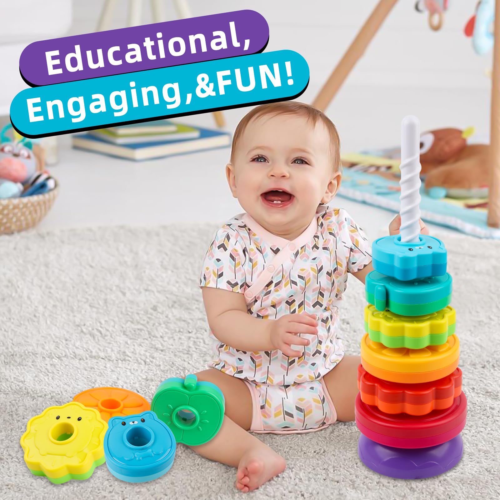 BYFWH Spinning Stacking Toys for Babies 12+ Month Rainbow Ring Flowers Animals Fruits Theme Stacker ABS Toys for Toddlers 1-3 Montessori Educational Learning Sensory Toy,Stacking Toy for Kids