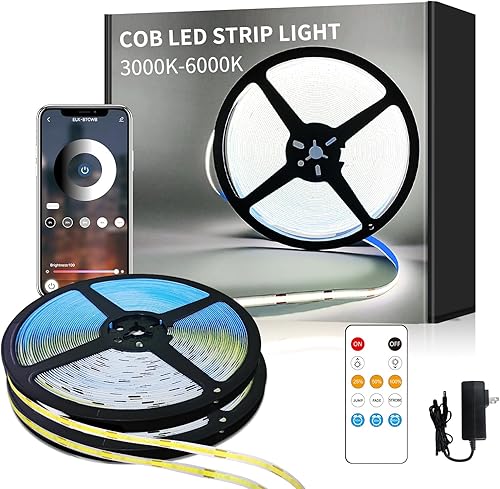 Miniatura 11 de COB - Tira de luces LED de 100 pies, 3000 K CC 24 V, regulable, blanco cálido, tira de luces LED flexibles para dormitorio, con control remoto y