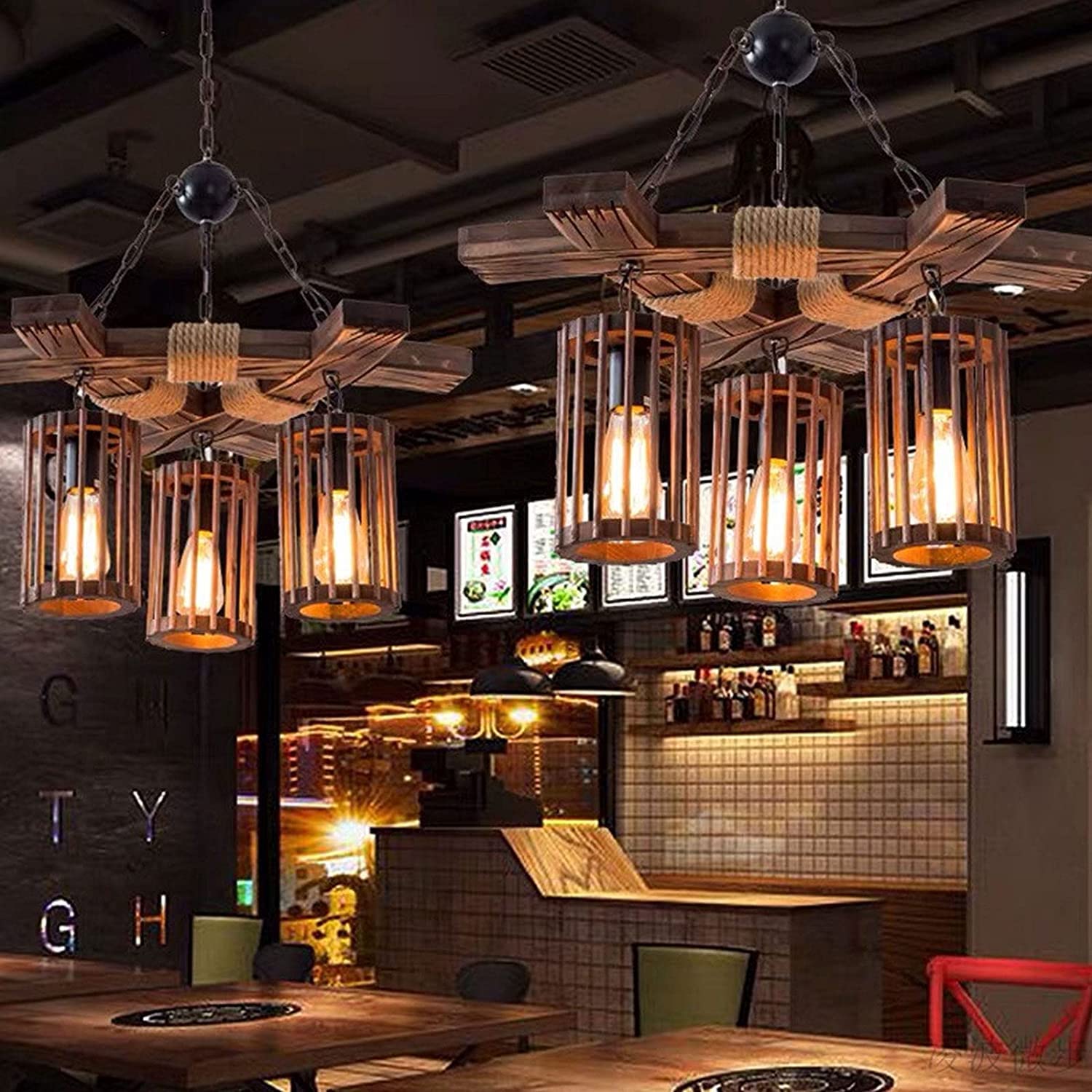 Suspension Industrielle Rétro Bois Lampe Pendentif LED Loft - Marbre Verre Métal, Hauteur Réglable, Salon Bar Café