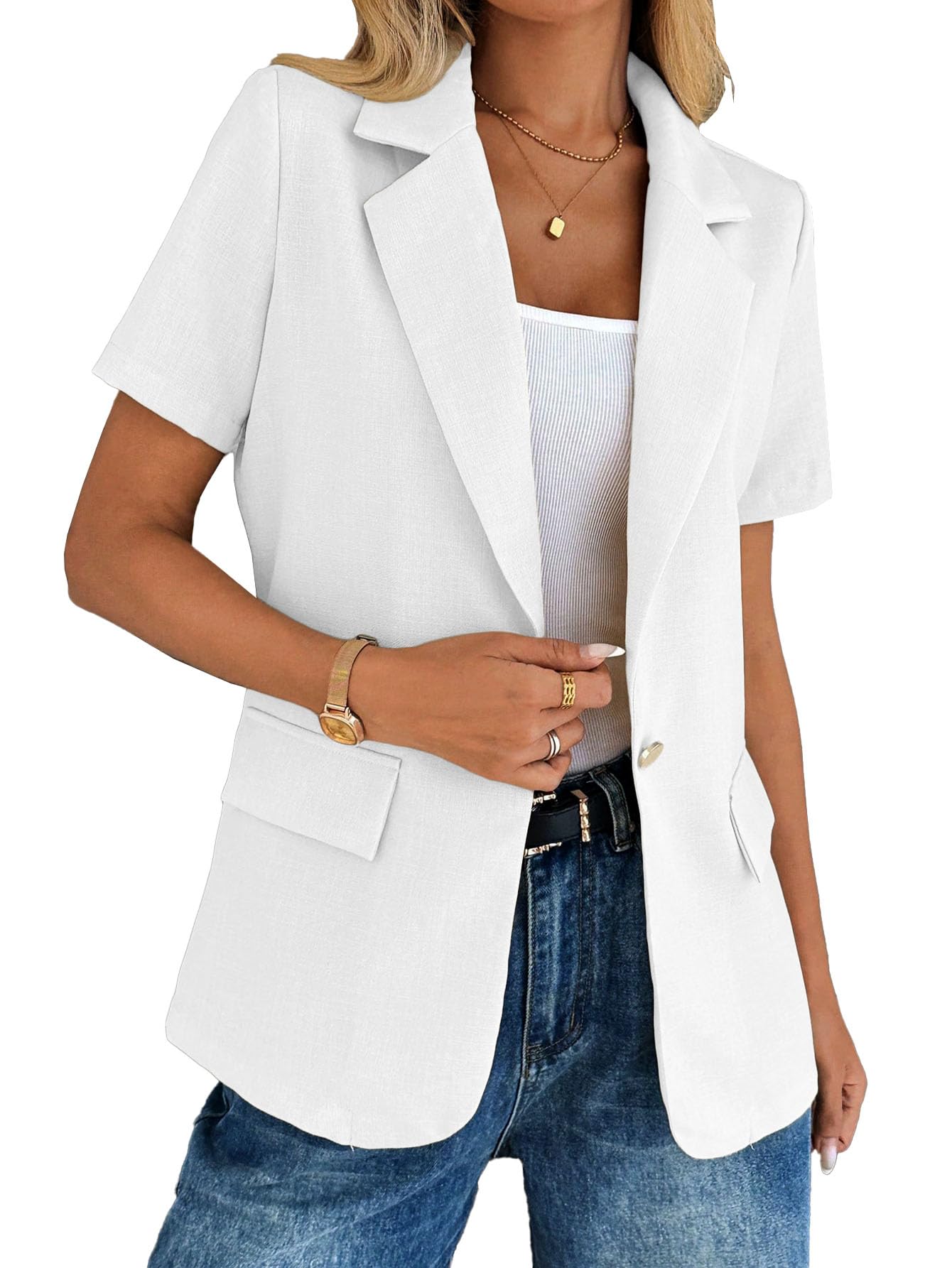 Mina Self Womens Short Sleeve Blazer - 2025 Summer Full-Lined One Button Lightweight Casual Work Office Suit Jacket