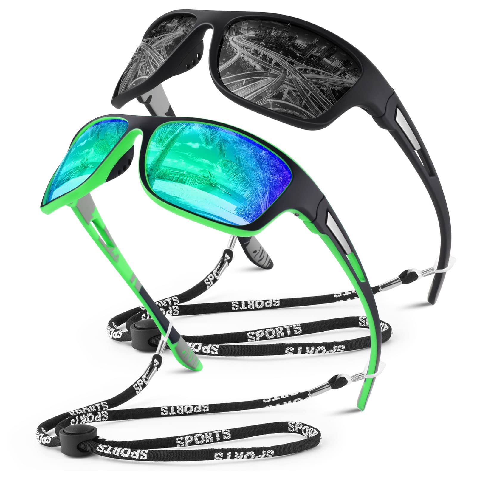 Occhiali da sole sportivi polarizzati per uomini e donne, per pesca e guida, protezione UV400, Montatura nera/Lenti fumé + montatura verde nera/Lente a specchio verde brillante, Medium