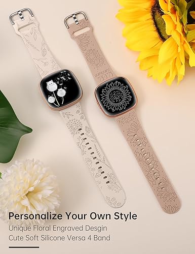 Miniatura 2 de Minyee Paquete de 2 correas grabadas florales compatibles con Fitbit Versa 4Versa 3Sense 2Sense Band para mujer, lindo diseño de girasol de diente