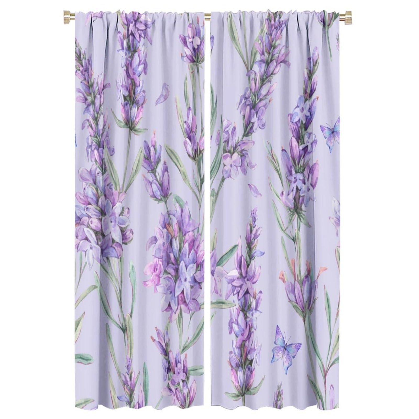 HZOHNAGO Lavender Flower Curtain Watercolor Purple Floral Green Leaves Butterfly Pattern Blackout Print Rod Pocket Window Drapes for Bedroom Living Room 42x63in