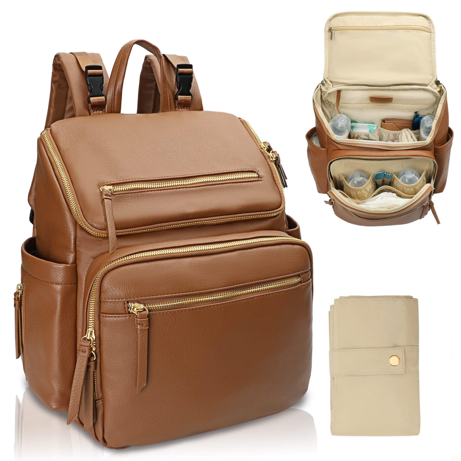 Baby Changing Bags, Changing Backpack Baby Bag Nappy Backpack Diaper Bag for Mom & Dad Leather Maternity Large Pregnancy Hospital Bag with 4Insulated Pockets Pram Clip& Changing Mat- Brown
