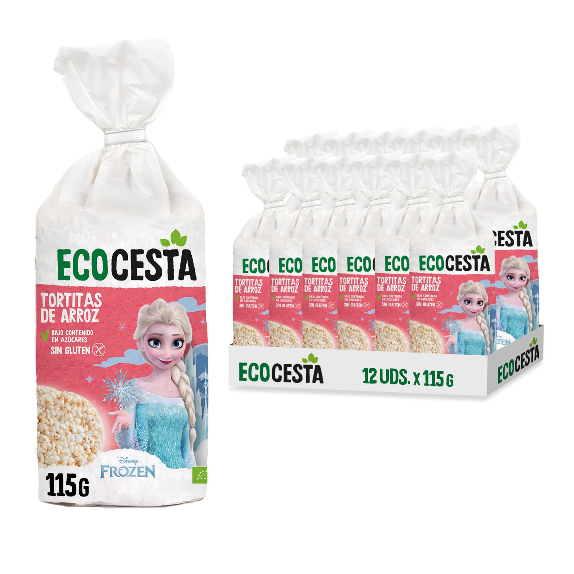 ECOCESTA MEJOR CADA DIA - Edición Limitada Disney - Pack de 12 Unidades de 115 g de Tortitas Ecológicas de Arroz Integral - Sin Azúcar Añadido y Sin Gluten - Aptas para Veganos