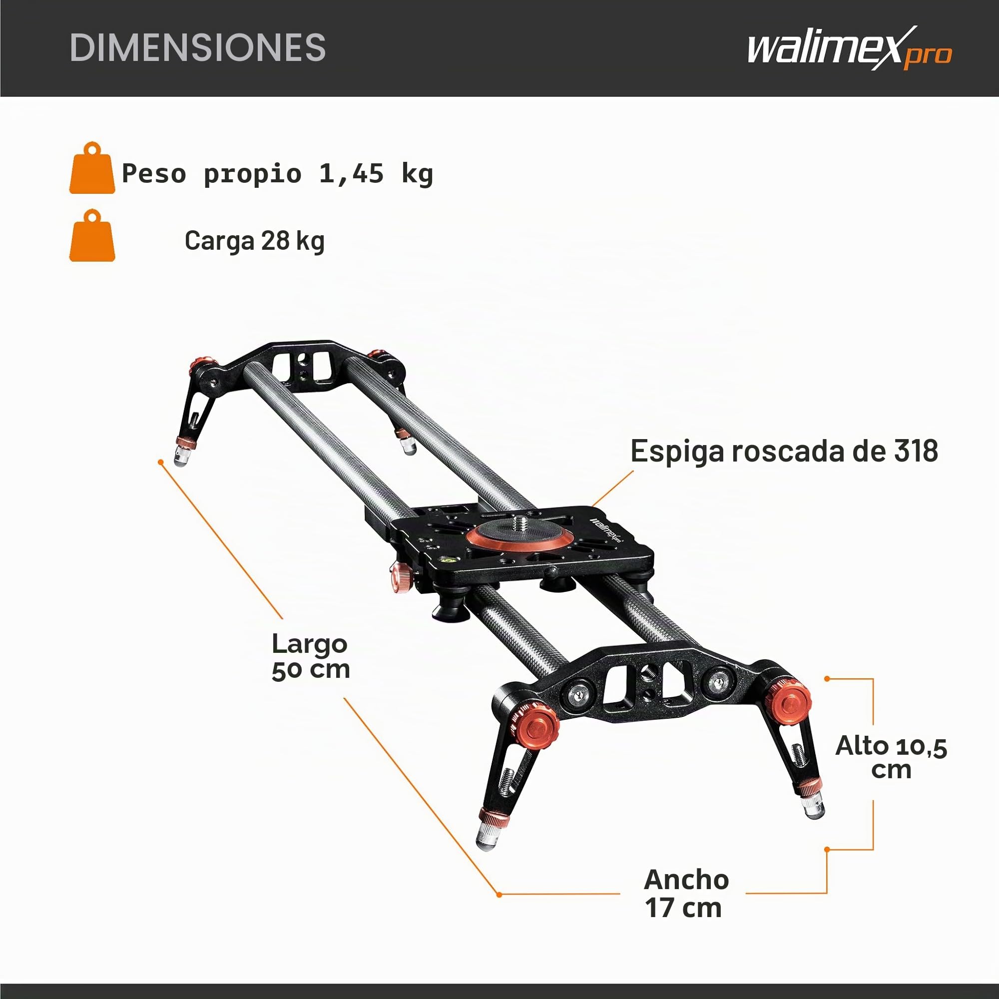 Walimex Pro Slider de vídeo Carbon Pro - 50 cm, Movimientos Suaves, Incluye Bolsa de Transporte y Nivel de Burbuja, Color Negro