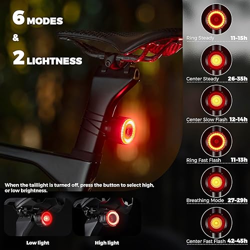 Miniatura 7 de ROCKBROS Luz trasera de bicicleta inteligente, ángulo ajustable y doble montaje luces traseras de bicicleta, cuentas potentes con diseño óptico de