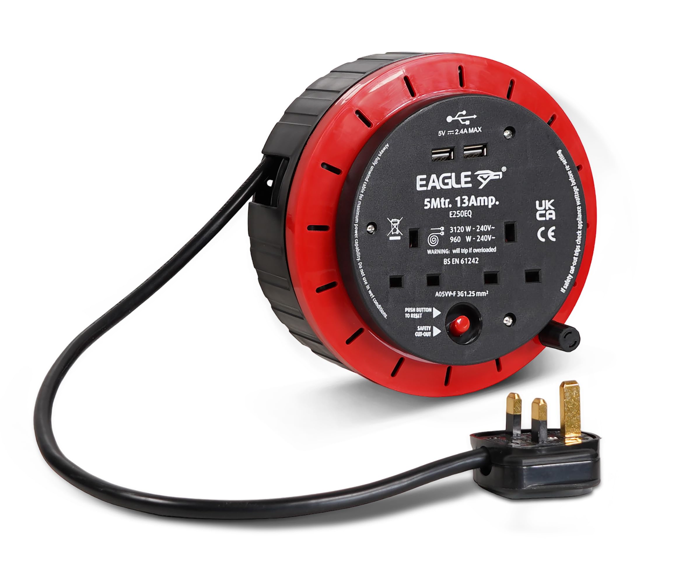 2 Gang Mains Power Extension Reel With Usb 2.4A Ports And Thermal Switch 5M 5021196825913