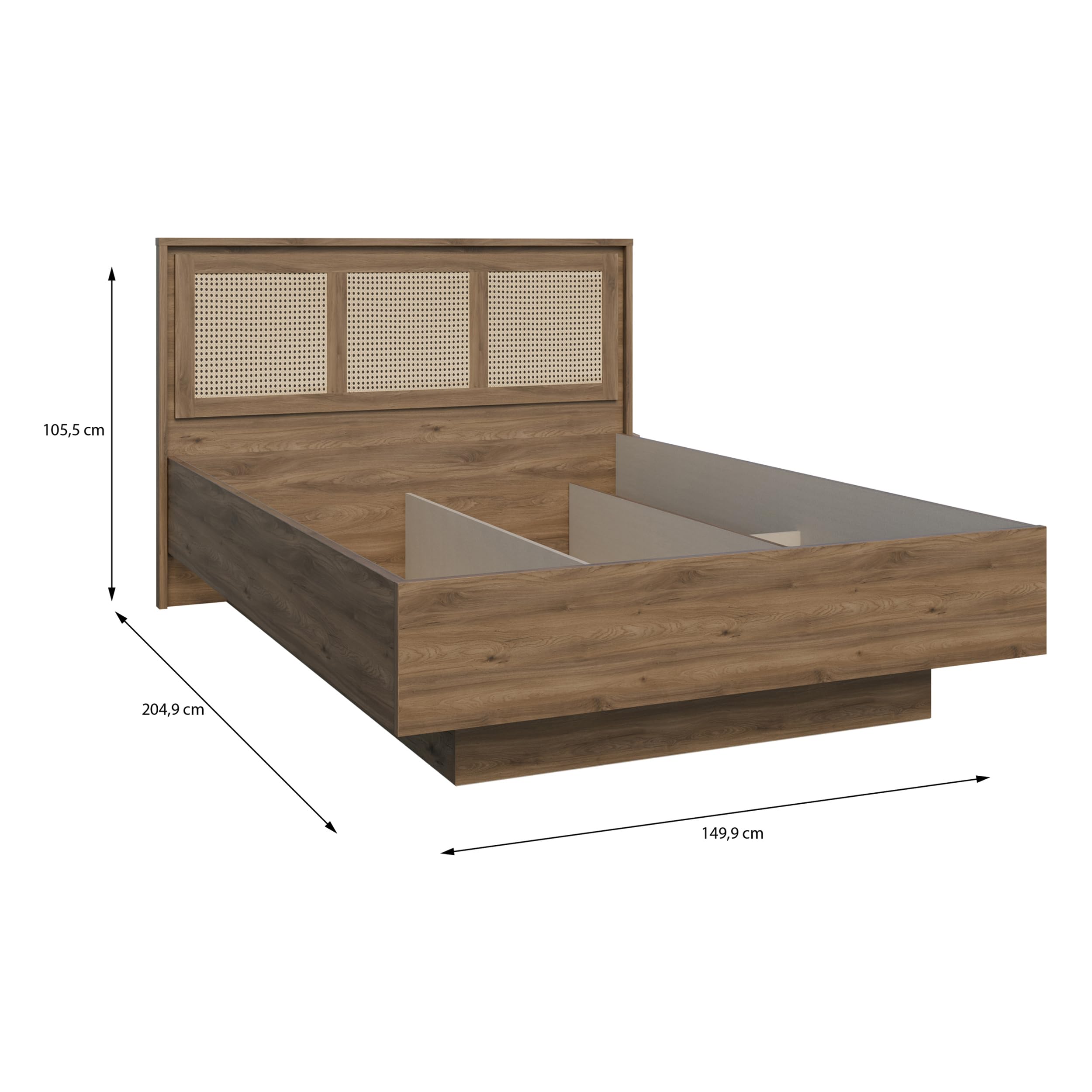 Forte GLENKEEN Bett, Liegefläche 140 x 200 cm, Bettgestell im Bohostil mit Rattangeflecht, Stauraum, Holzwerkstoff, Valencia Eiche Holzdekor|Naturrattan, 149,9 cm breit x 105,5 cm hoch x 204,9 cm tief