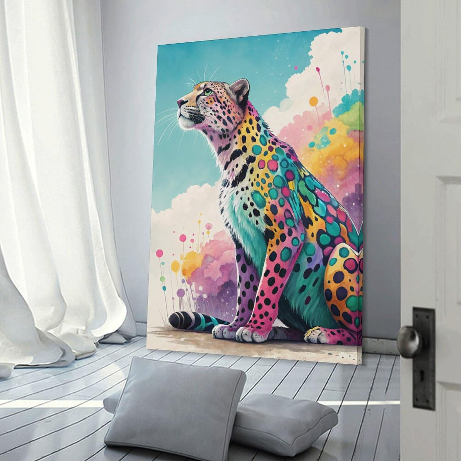 Junmoney Colorful Jaguar in A Dreamy Sky Canvas Art Print, 20x30inch(50x75cm), for Bedrooms, Workspaces And Everyday Interiors, A Flexible Wall Accent for Shared Spaces