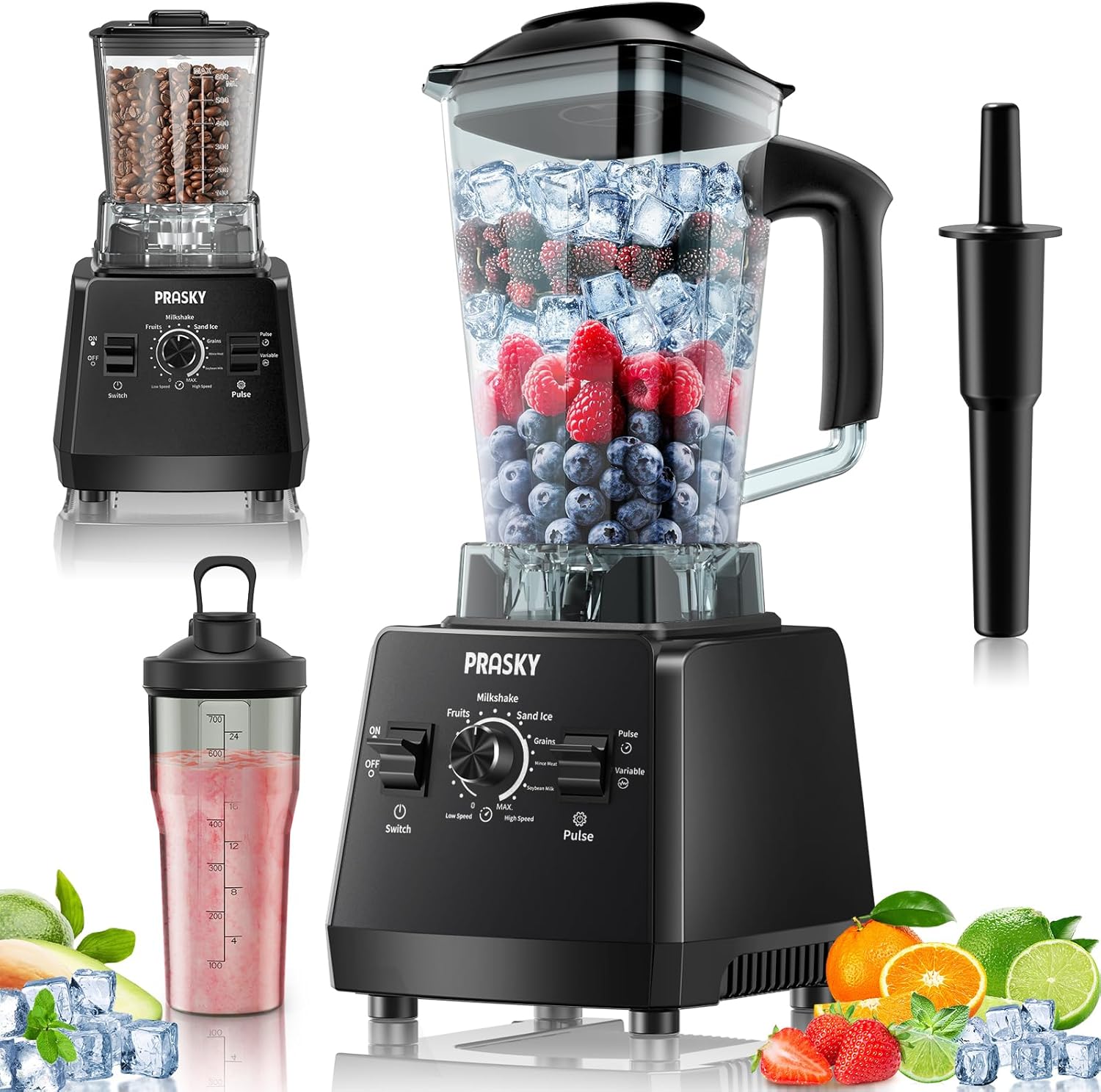 Blender for smoothies, PRASKY 1000W Blenders for Kitchen, 25,000 RPM Powerful Blender 68oz BPA-Free Juicer and Grinder with To-Go Gym Bottle, Countertop Blenders for Ice Crushing, Shakes, Fruits Black