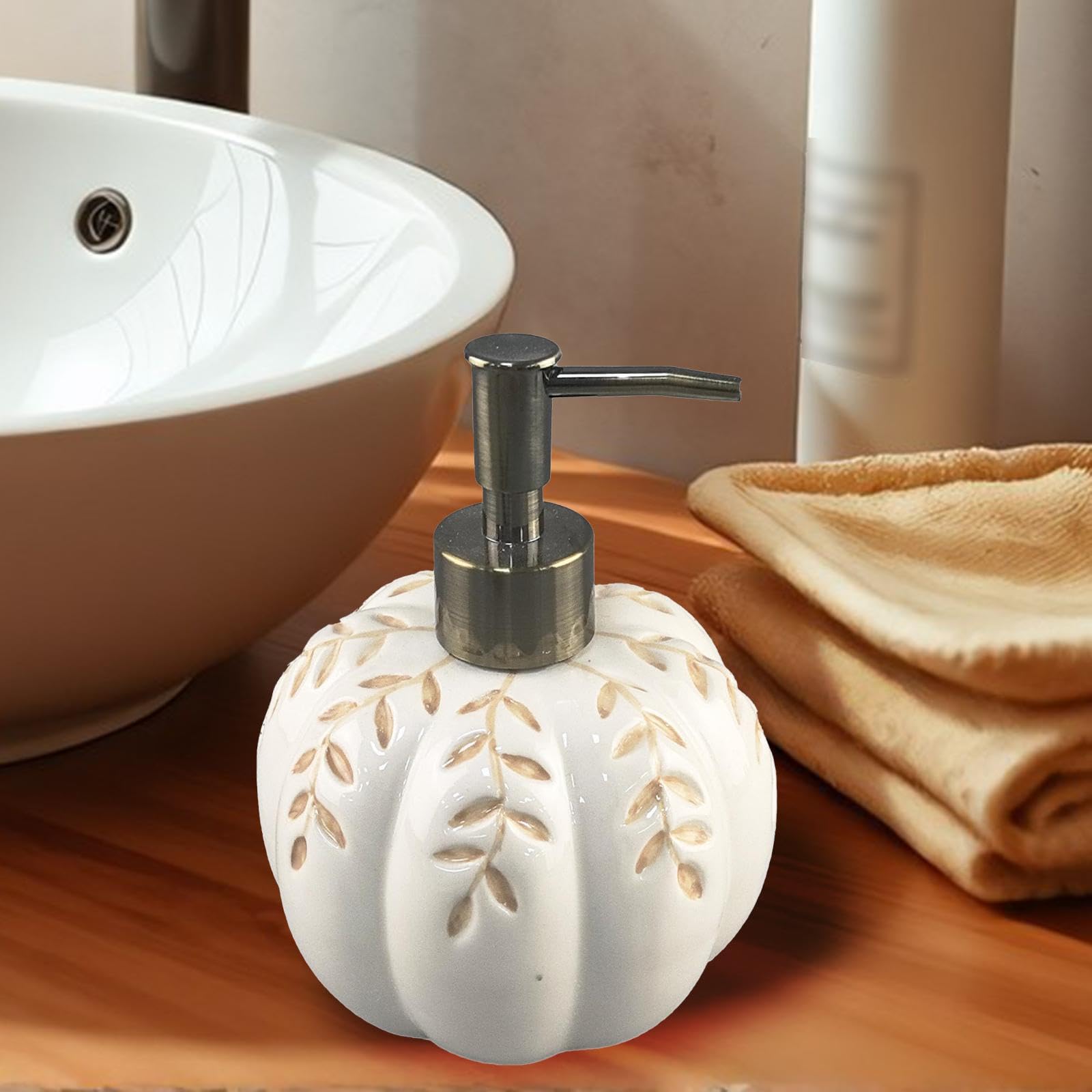 Dispenser Sapone Forma di Zucca in Ceramica Ricaricabile per Bagno Cucina Flacone Lozione Liquida Pompa Pratica Adatto per Regalo Decorazi, Bianco