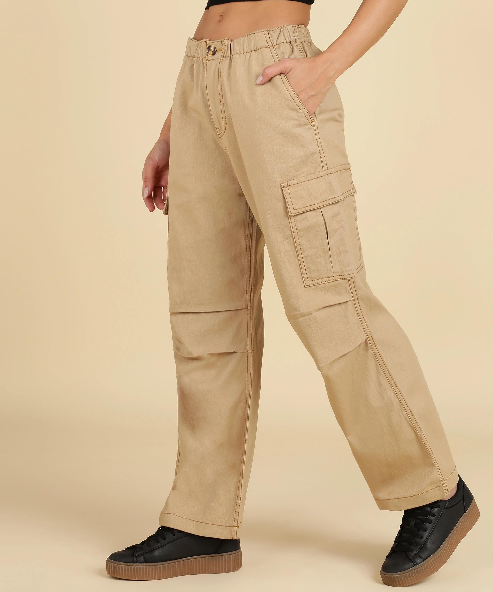 montrez Women Comfortable Relaxed Fit Mid Rise Cargos (Beige)-picture-0