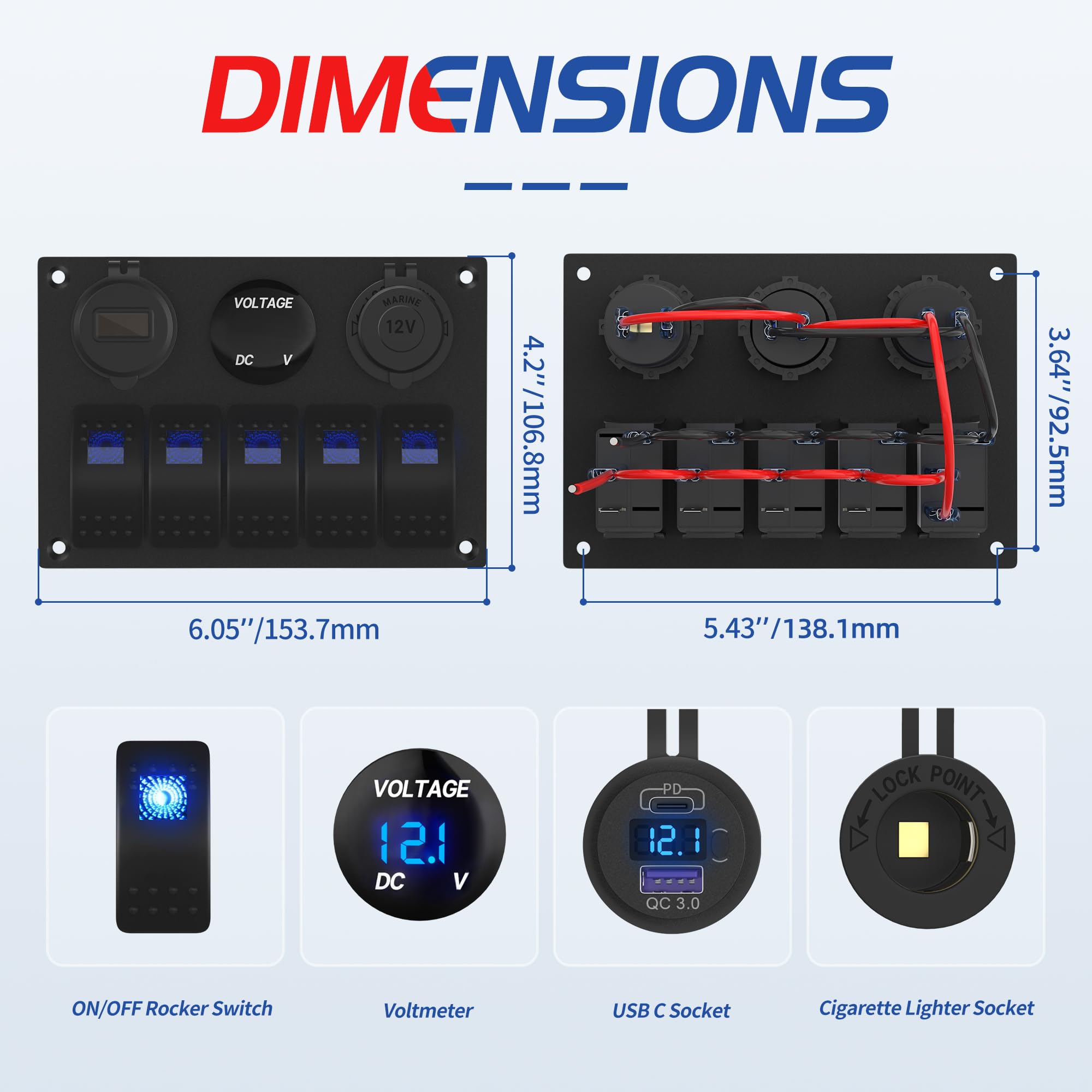 Joinfworld 5 Gang Pannello Interruttori barca Impermeabile 12V/24V,Interruttore a Levetta con 4.8A Doppio USB, LED Voltmetro,Precablato,Presa Accendisigari per Auto Barca Camion Camper