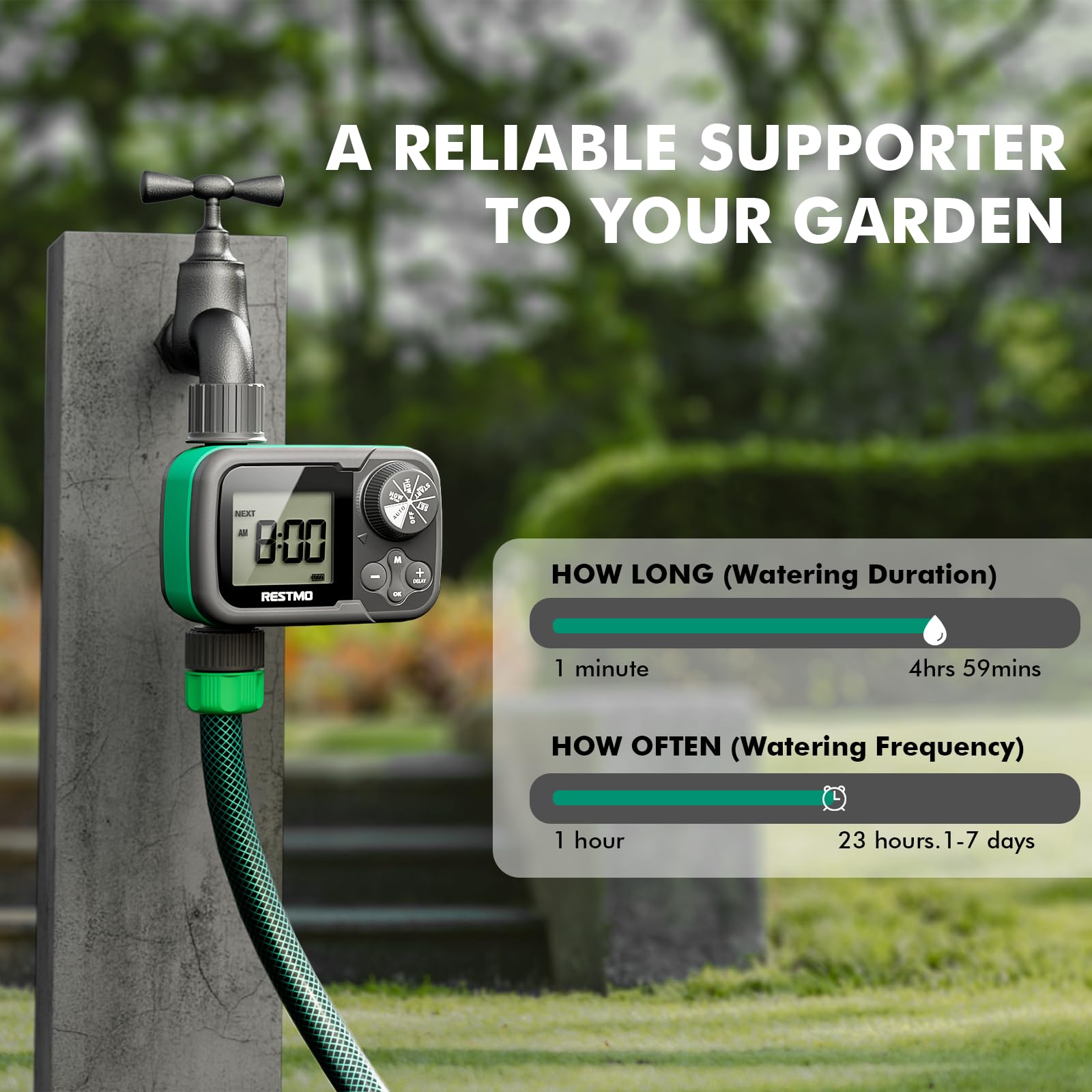 Minuteur D’arrosage Télécommandé RESTMO | Portée 30 M | Programmation Manuelle/automatique/pluie | Pour Robinet Extérieur, Irrigation