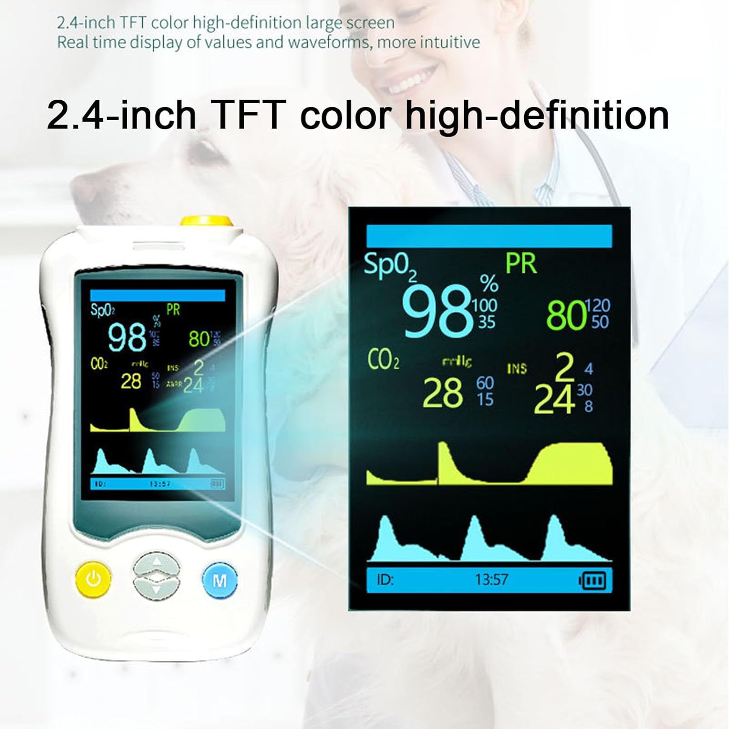 Pulsossimetro Veterinario, Ossimetro Veterinario Portatile, Monitoraggio SpO2 E Frequenza Cardiaca, Con Sensore Orecchio / Lingua E Sonda Di Temperatura, Display Da 2,4 Pollici, Per Gatti, Cani