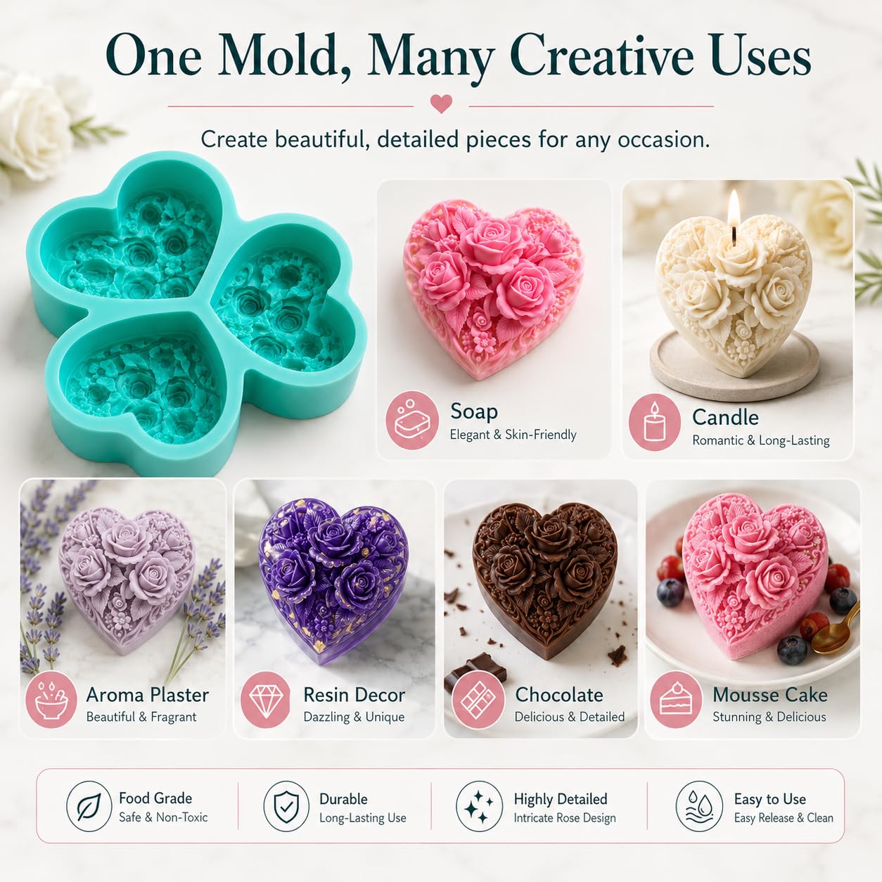 Molde de silicona de corazón de 3 cavidades con diseño de rosas en relieve, molde grande para jabón hecho a mano, fabricación de velas, arte de resina, chocolate, cera derretida, yeso aromático y