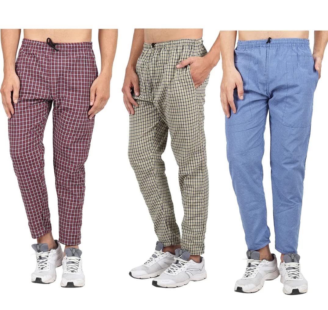 Men Pajamas Cotton Chekered Combo Pack3 RED Yellow Blue-image-31