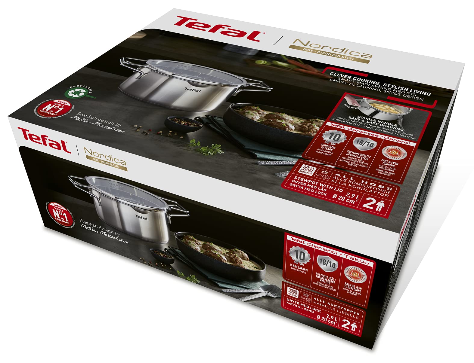 Tefal Nordica Faitout 24 cm (5 L) en acier inoxydable garanti 10 ans + Couvercle verre, Base diffusion de chaleur, Bec verseur, Egouttage facile, Tous feux dont induction H8524635
