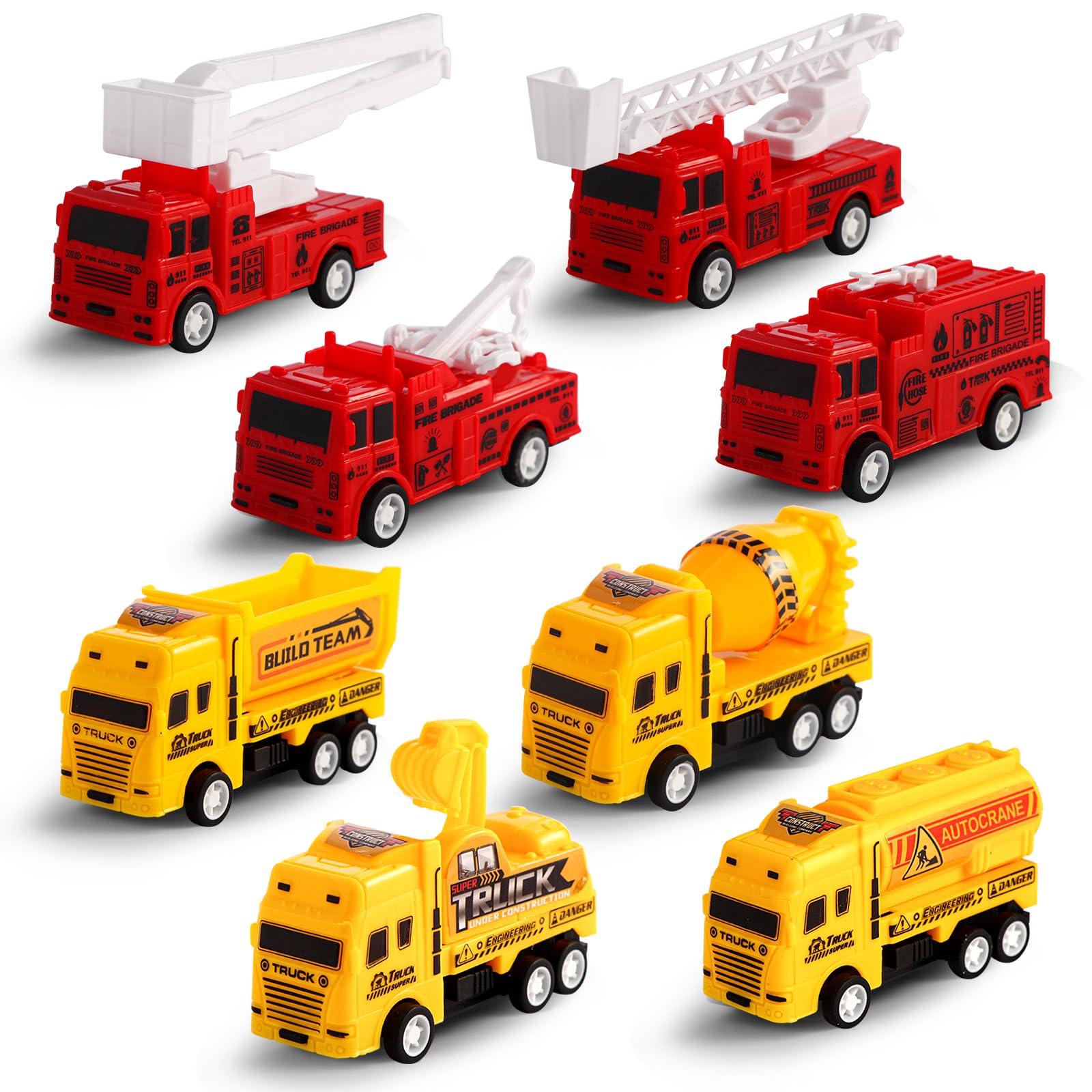 HSMQ 8 Pack Pull Back Cars Vehicle Toys Set, Fire Truck Construction Truck Model for Kids Boys Girls Toddler, Mini Pull Back Vehicles Party Favors
