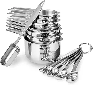 13-piece Measuring Cups and Spoons Set, 18/8 Stainless Steel Heavy Duty Ergonomic Handle with Ring Connector, Silver