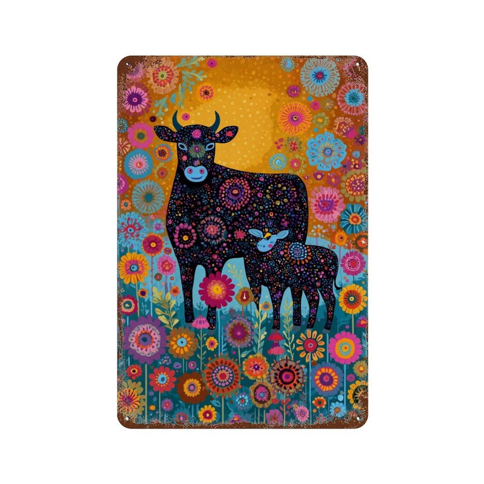 Colorful Floral Cow Illustration Rusty Metal Tin Sign 11.8"x7.9", for Pub, Kitchen And Man Cave Decor, Novelty Wall Decor