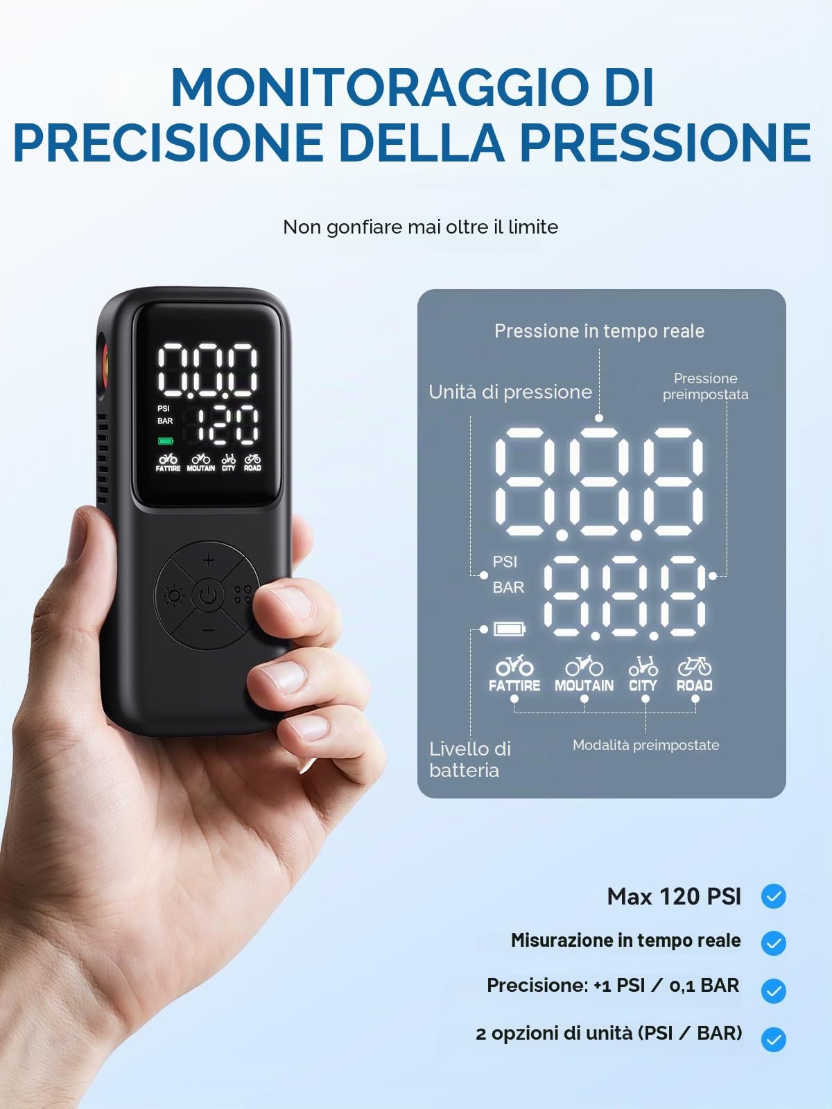 GPUTEK Mini pompa elettrica per bicicletta, 120 PSI con manometro e 5 modalità preimpostate per valvole Schrader e Presta, per bicicletta da strada, da montagna, da città e per pneumatici grassi.
