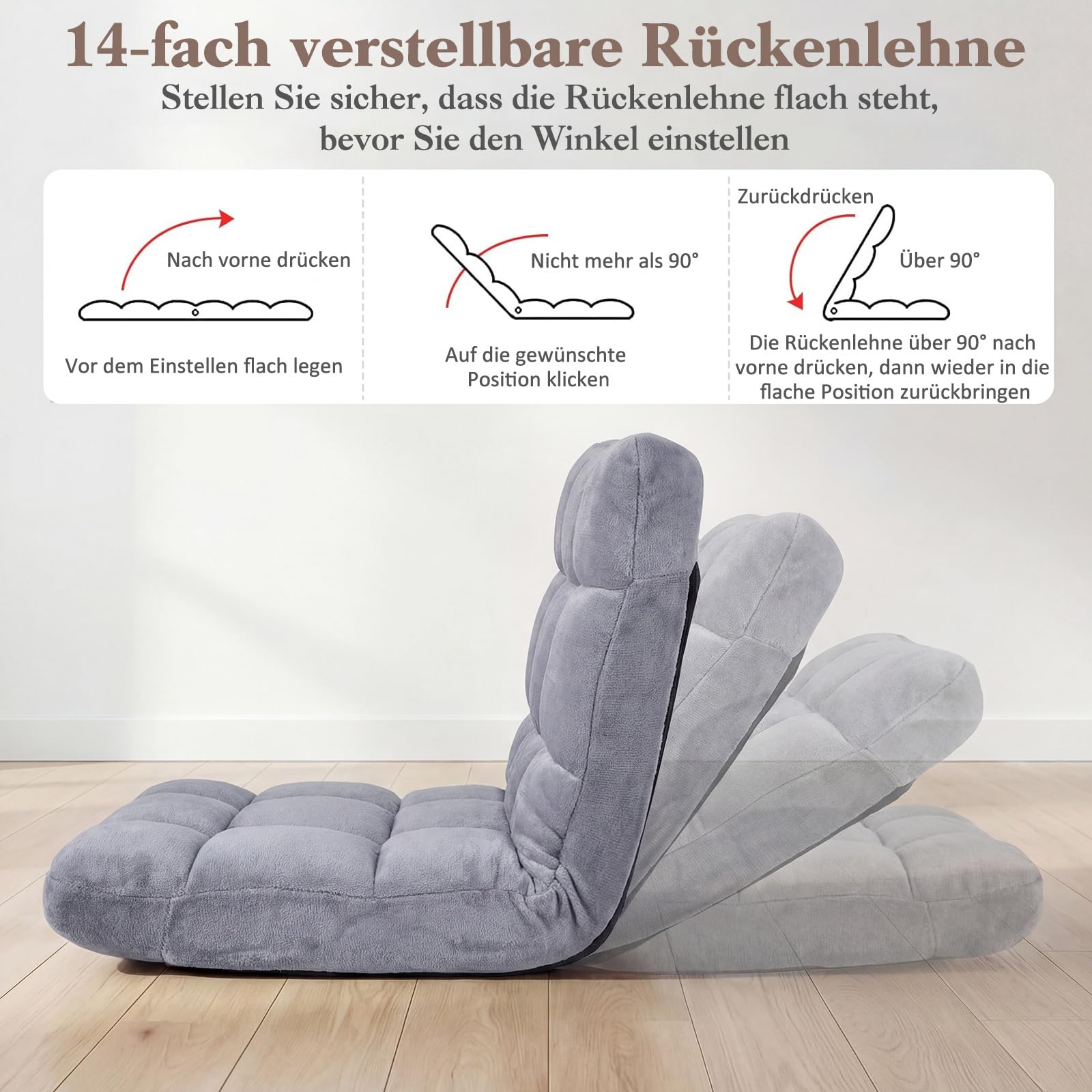 COSTWAY Bodenstuhl mit Verstellbarer Rückenlehne, Bodensessel gepolstert, Bodenkissen faltbar, Meditationsstuhl, Relaxsessel, Thaikissen für Freizeit, Meditation, Yoga (Grau)