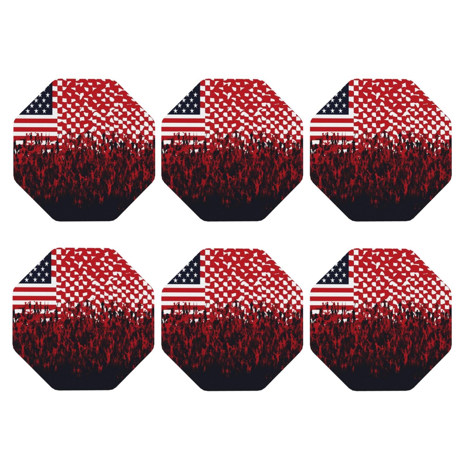 6pcs Leather Coasters for Drinks, Flag and Crowd Drink Coasters for Tabletop Protection, 4" Cup Coasters for Coffee Table Decor, Non-Slip Drinking Cup Mat for Hot Or Cold Drink