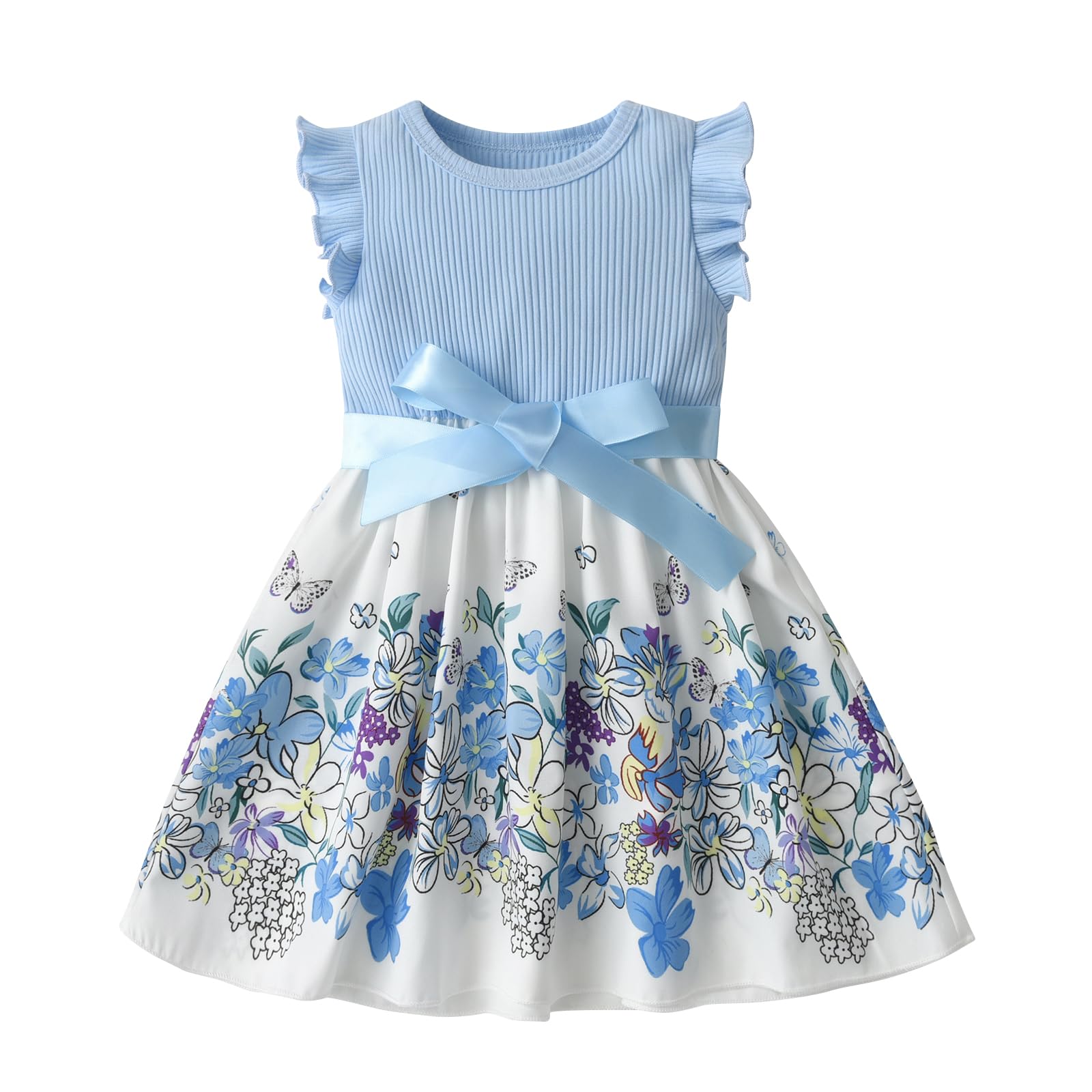 Zoputey Women's Blue Toddler Baby Girl Dress Floral Print With Belt For Little Girl Sundress Princess Dress, 2-3 Years